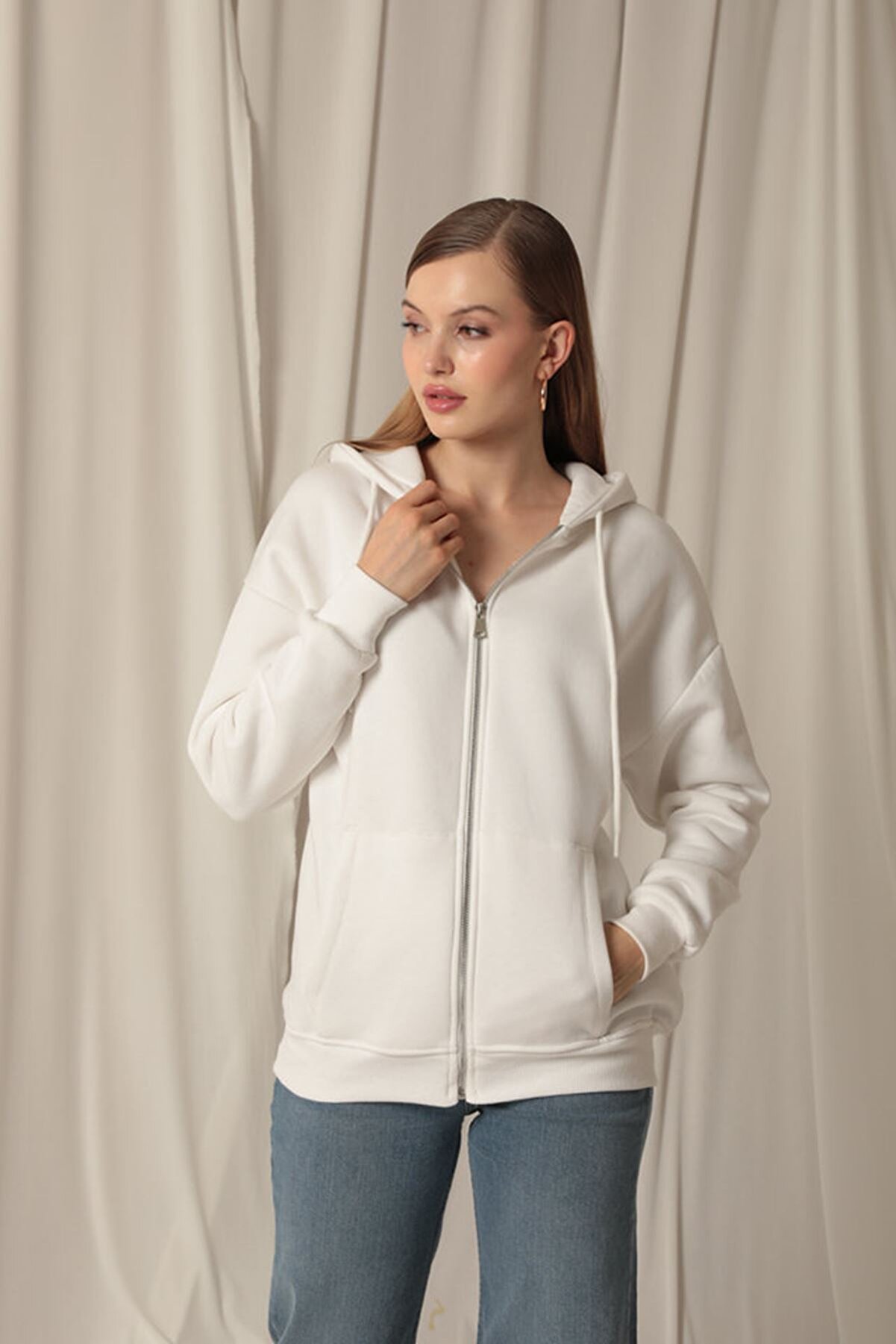 Hoppa Modam &Uuml;&ccedil; İpli̇k Kanguru Cep Fermuarlı Kap&uuml;şonlu Kadın Sweat Hırka