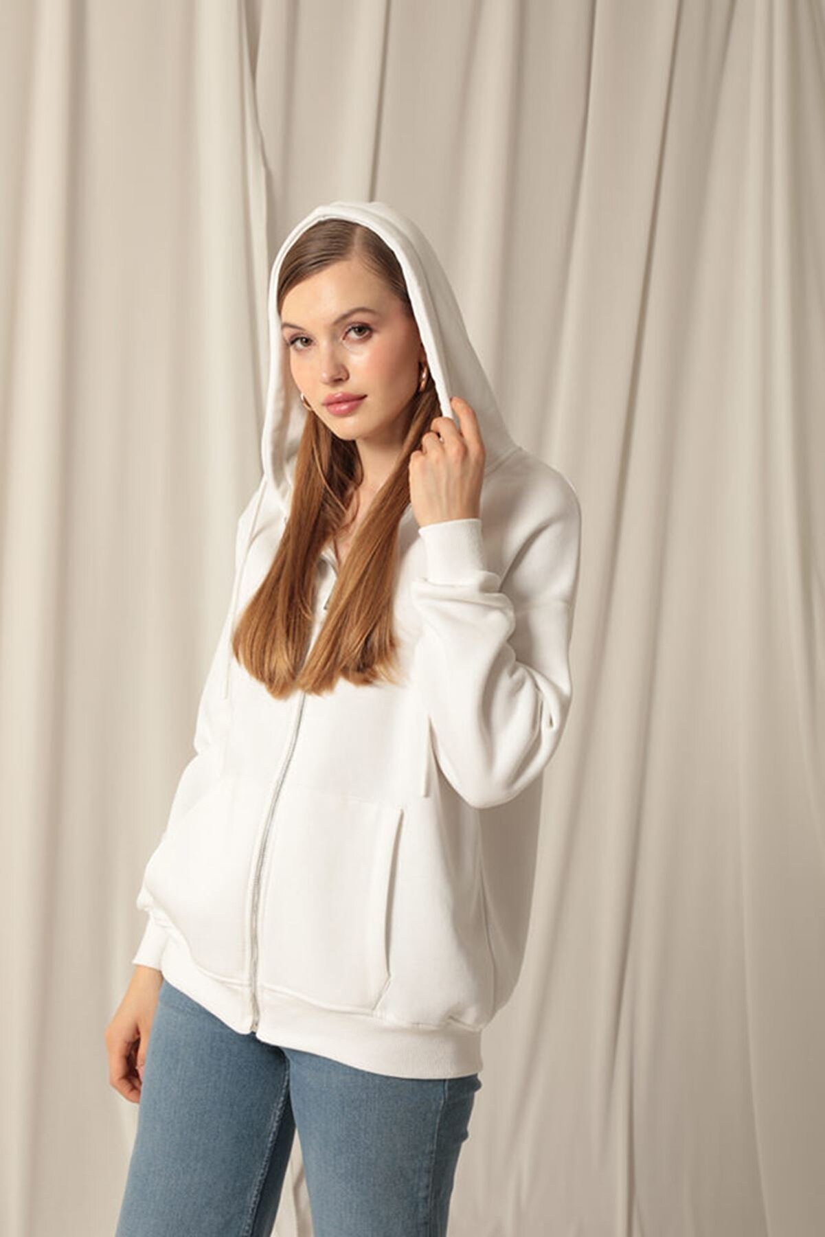 Hoppa Modam &Uuml;&ccedil; İpli̇k Kanguru Cep Fermuarlı Kap&uuml;şonlu Kadın Sweat Hırka