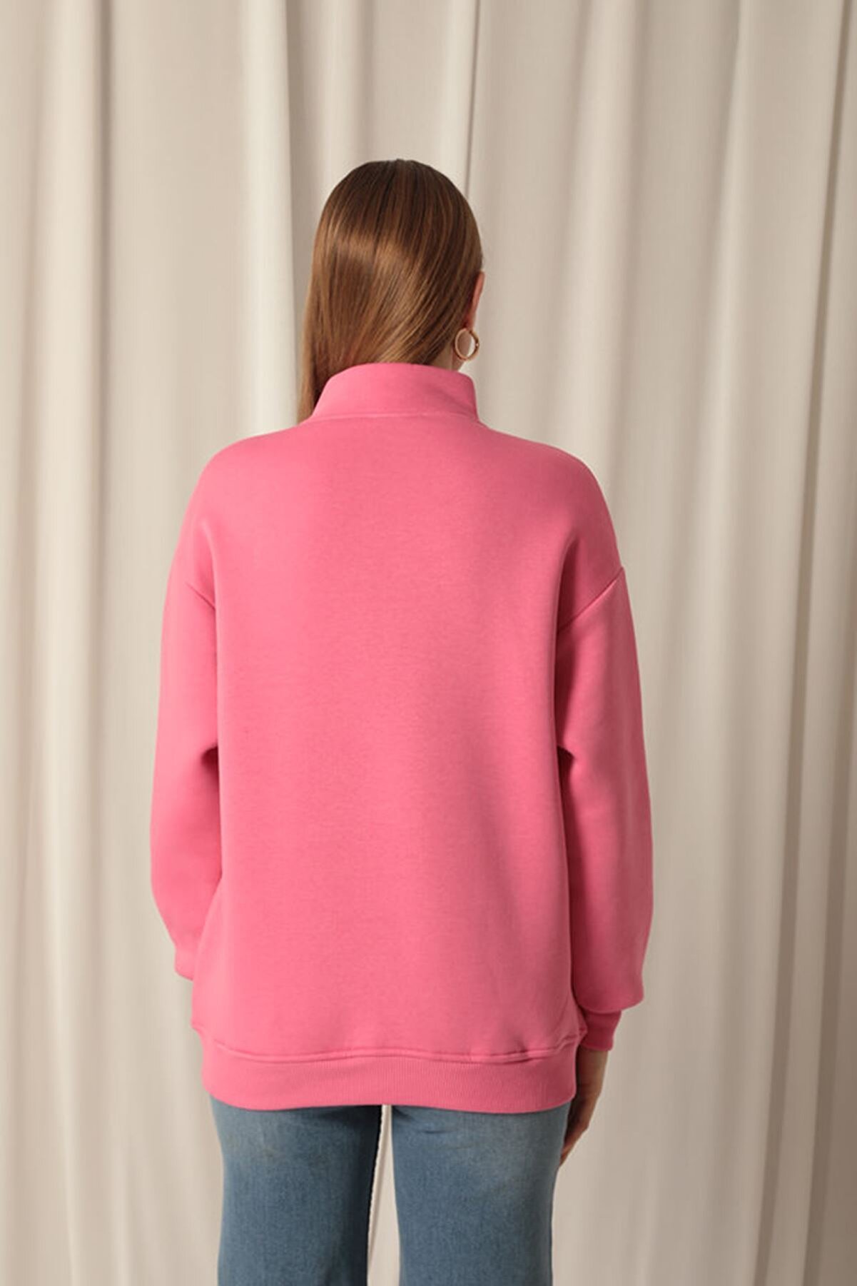 Ftt Shoppıng Market &Uuml;&ccedil; İpli̇k Di̇k Yaka Yarım Fermuarlı Kadın Pembe Sweat