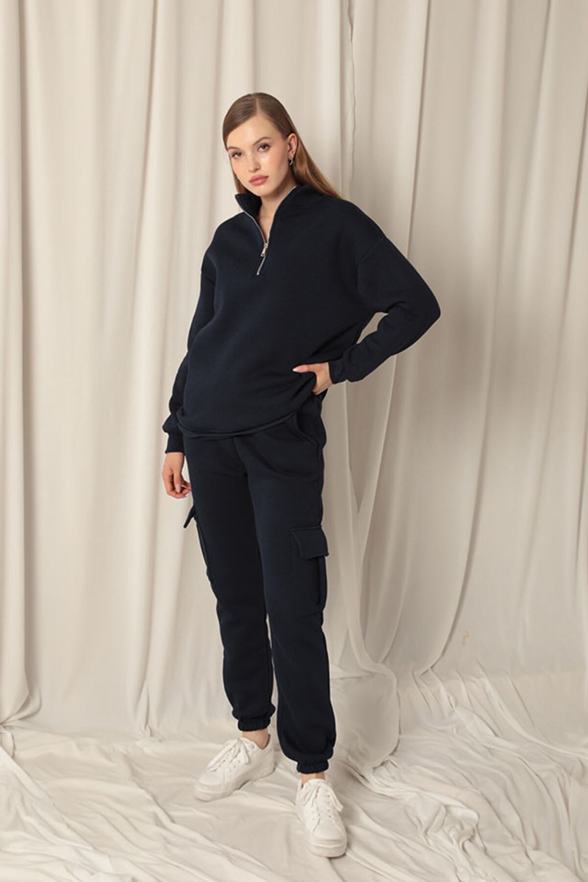 Store &Uuml;&ccedil; İpli̇k Di̇k Yaka Yarım Fermuarlı Kadın Laci̇vert Sweat