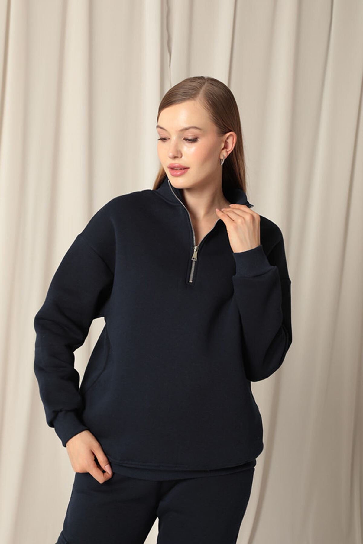 Store &Uuml;&ccedil; İpli̇k Di̇k Yaka Yarım Fermuarlı Kadın Laci̇vert Sweat