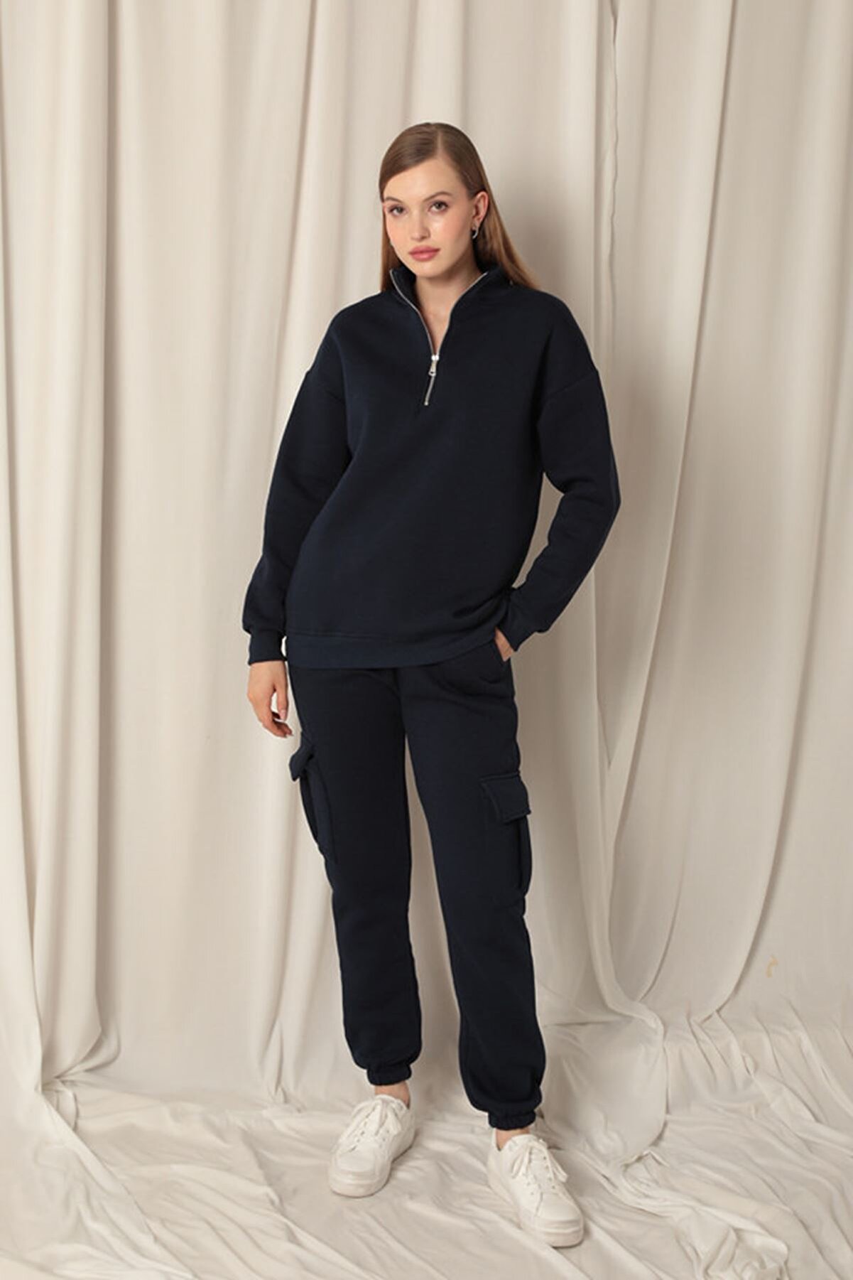 Store &Uuml;&ccedil; İpli̇k Di̇k Yaka Yarım Fermuarlı Kadın Laci̇vert Sweat