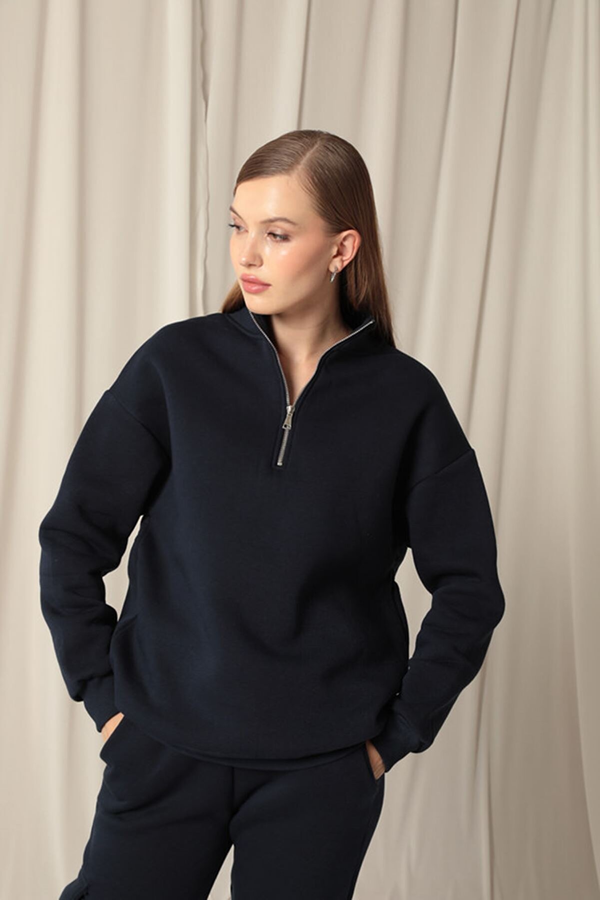 Store &Uuml;&ccedil; İpli̇k Di̇k Yaka Yarım Fermuarlı Kadın Laci̇vert Sweat