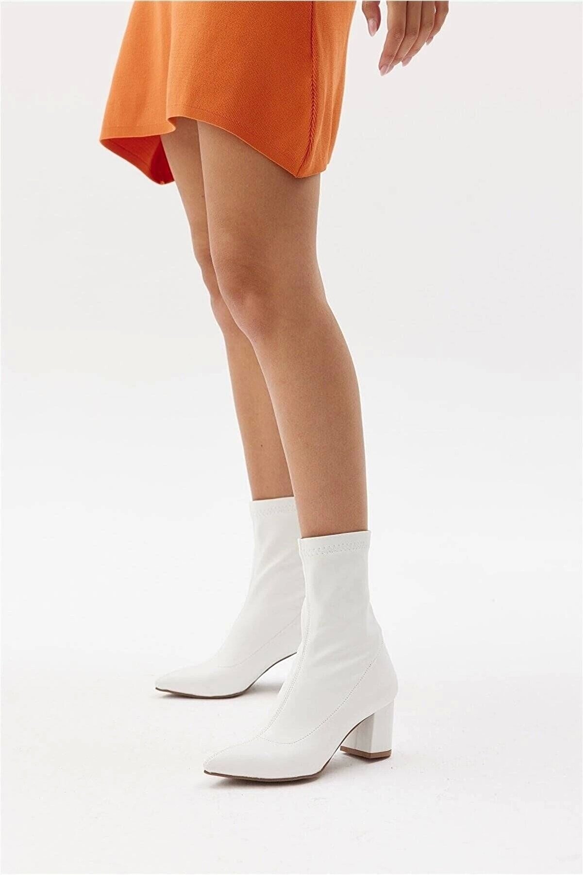 Gult Kadın Beyaz Streç Bot, Kadın Beyaz Topuklu Bot & Booti̇e
