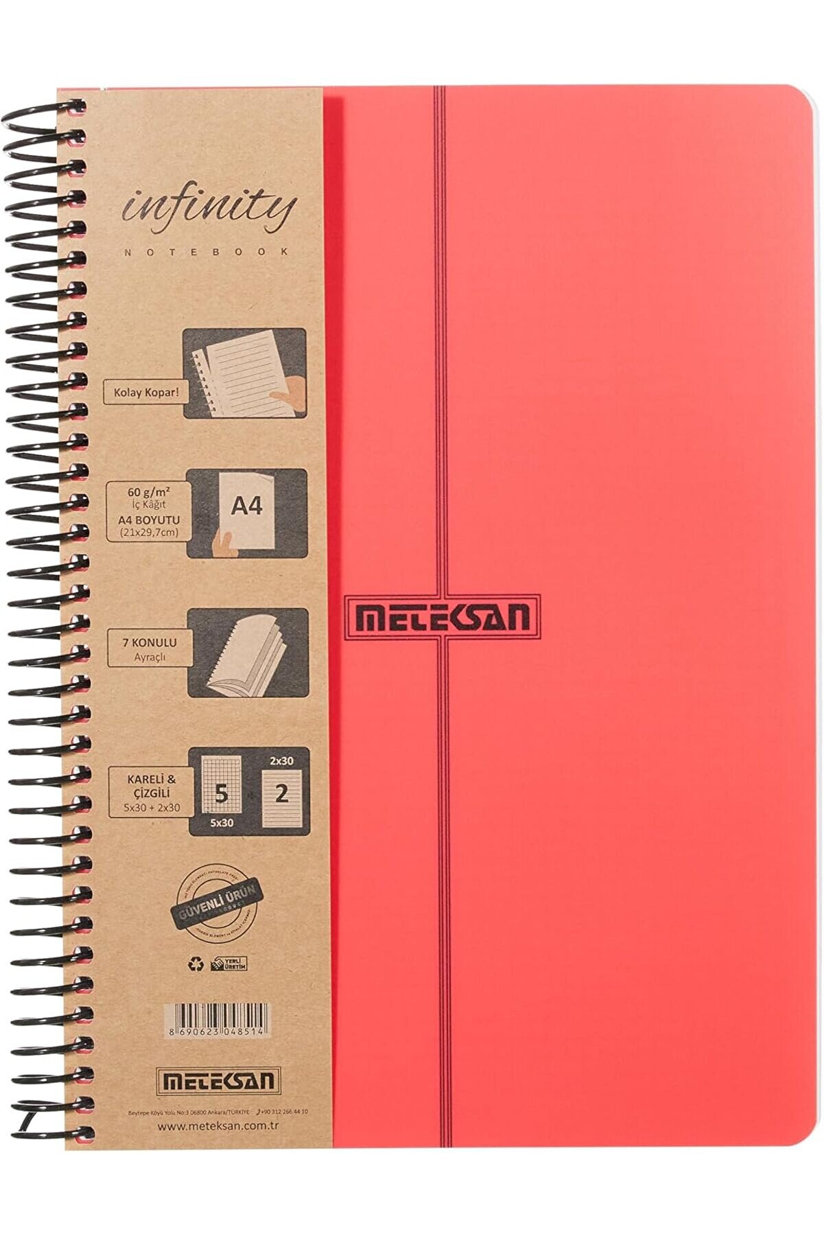 STOREMAX lvnshop Serisi, A4, 7 Konulu (5, 2 Çizgili) 210 Yaprak PP Kapaklı Spiralli Defter, Kırmızı 224120