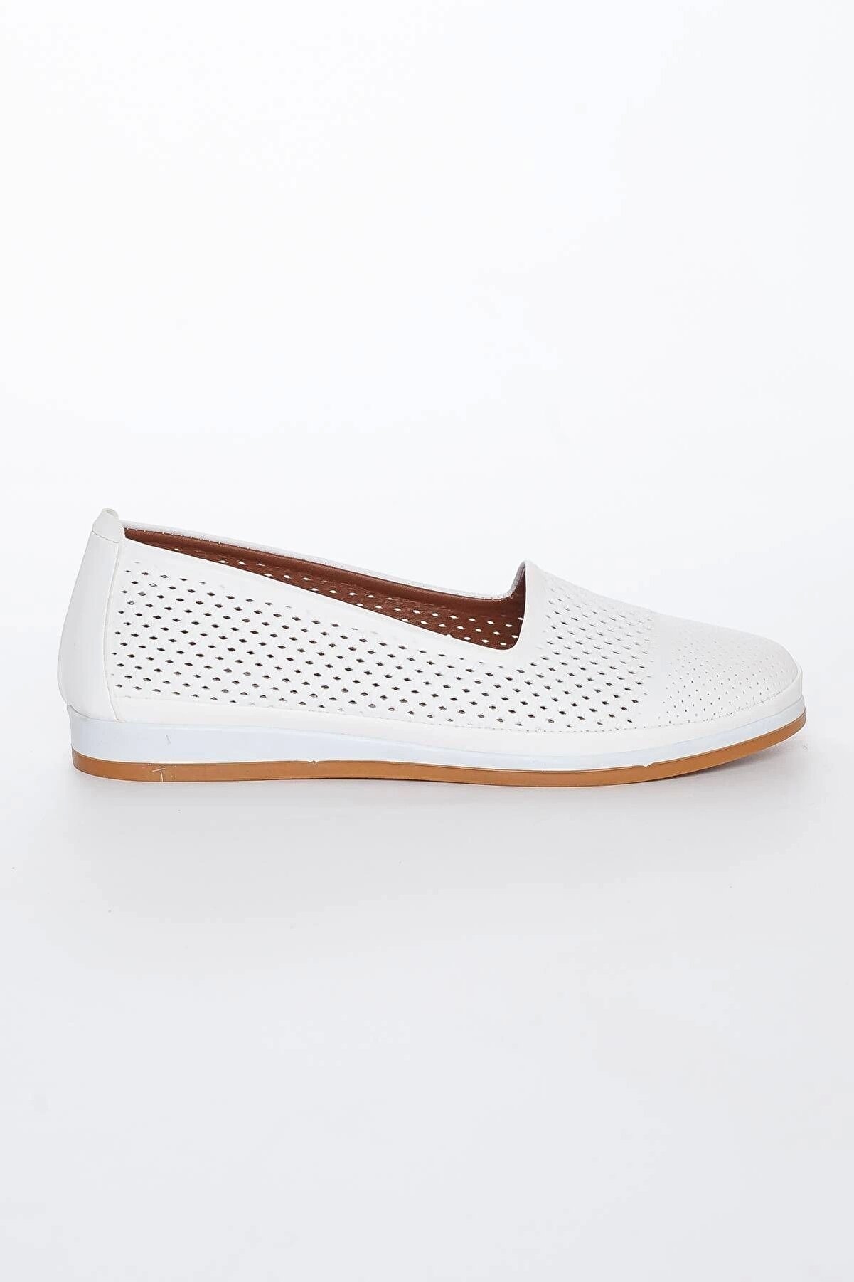 Gult Haki̇ki̇ Deri̇ Kadın Günlük Ayakkabı Beyaz Lazer Işlemeli̇