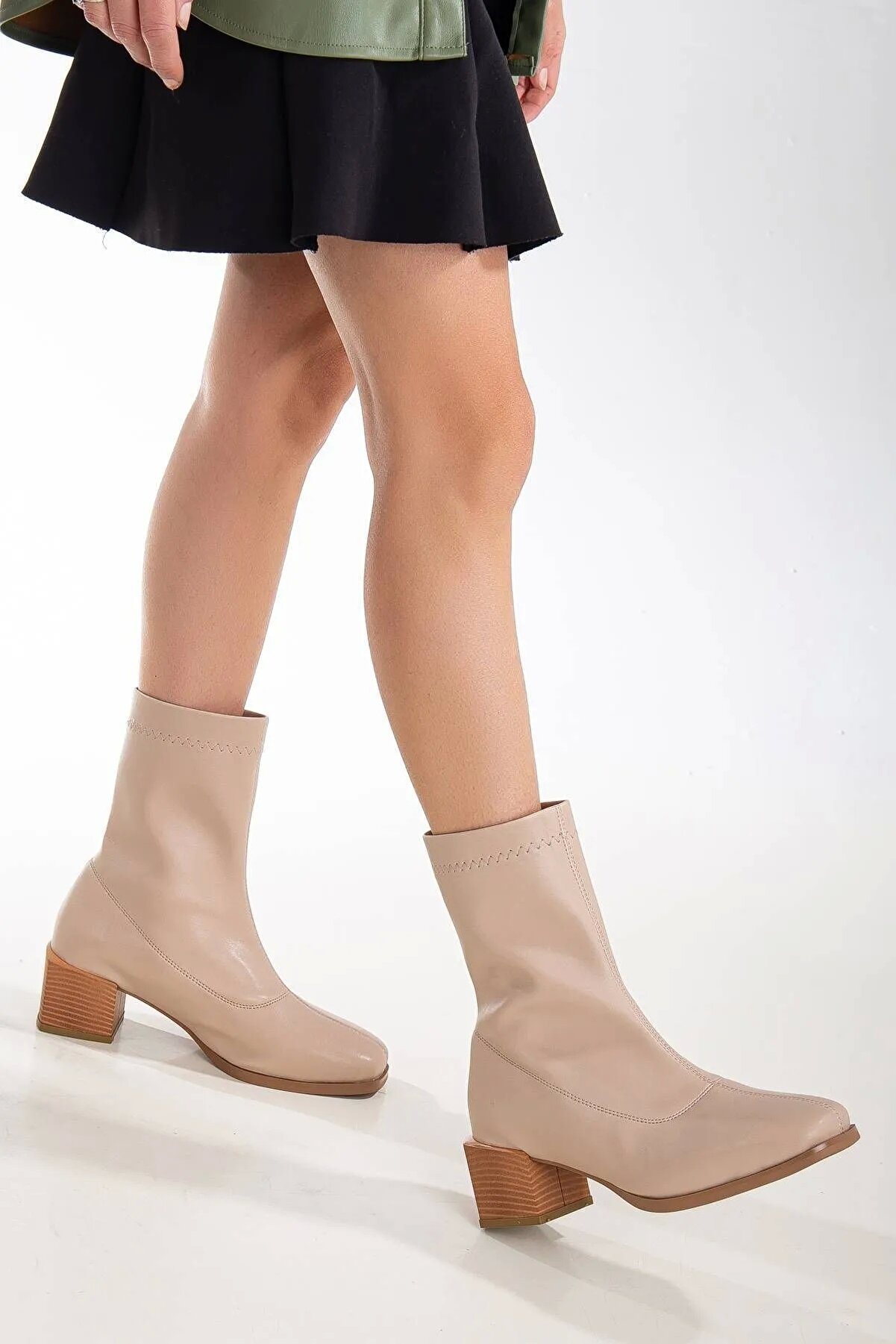 Gult Kadın Küt Burunlu 5 Cm Topuklu Rahat Tam Kalıp Nude Strech Bot