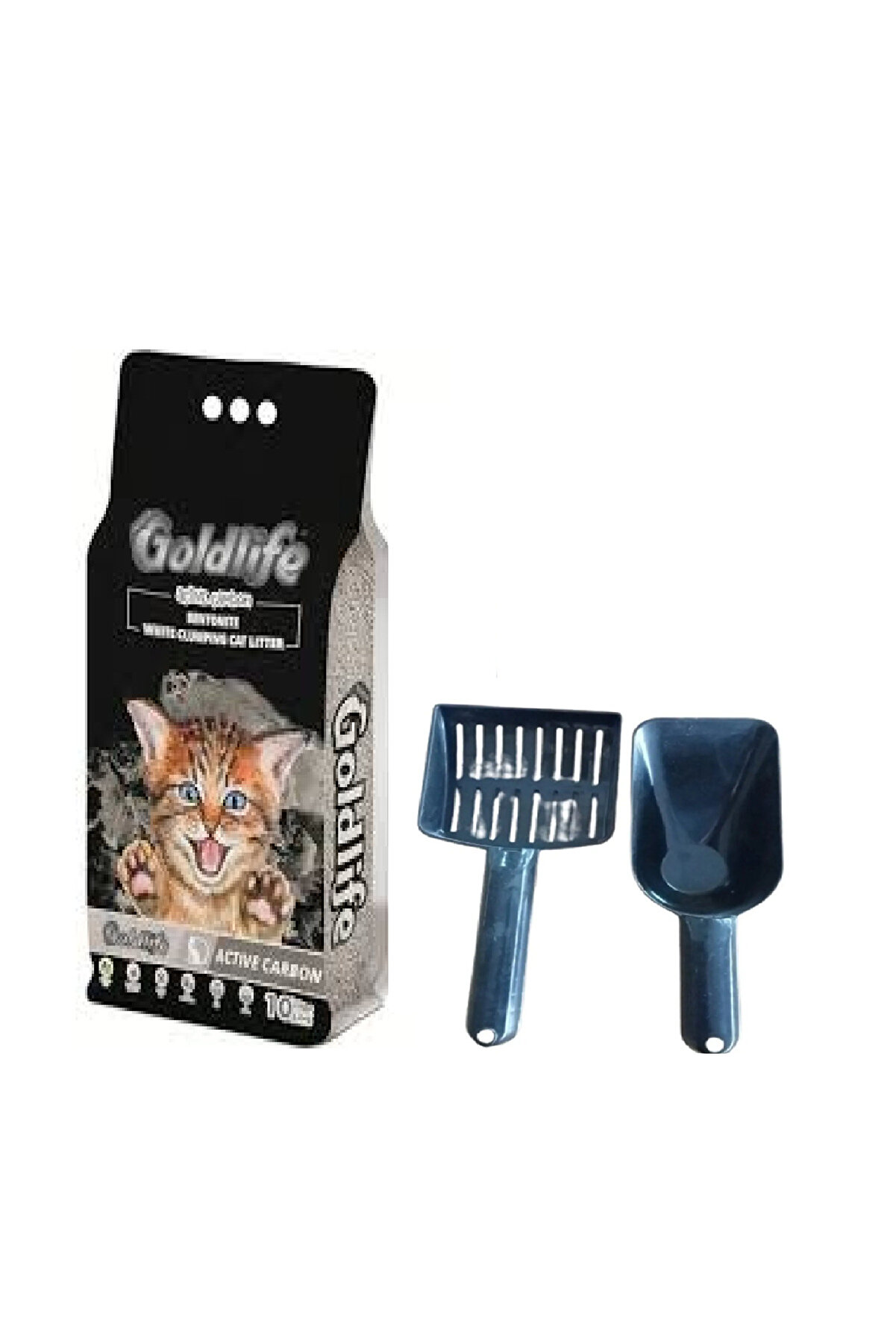 Goldli̇fe Kedi̇ Kumu 10 Li̇tre + Kedi̇ Kum K&uuml;reği̇+Kedi̇ Mama K&uuml;reği̇