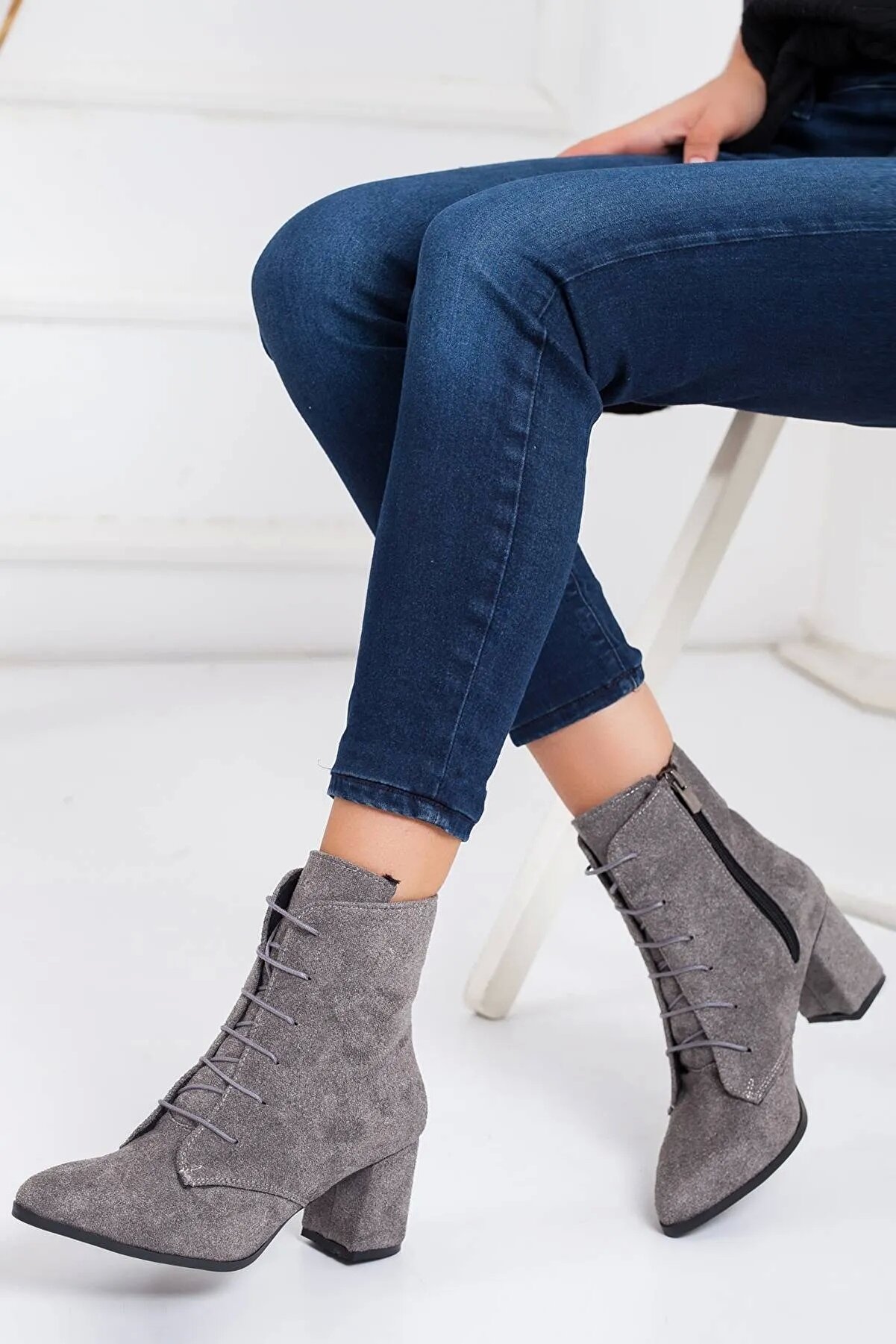 Gult Gri̇ Süet Bot, Kadın Bağcıklı Bot & Booti̇e