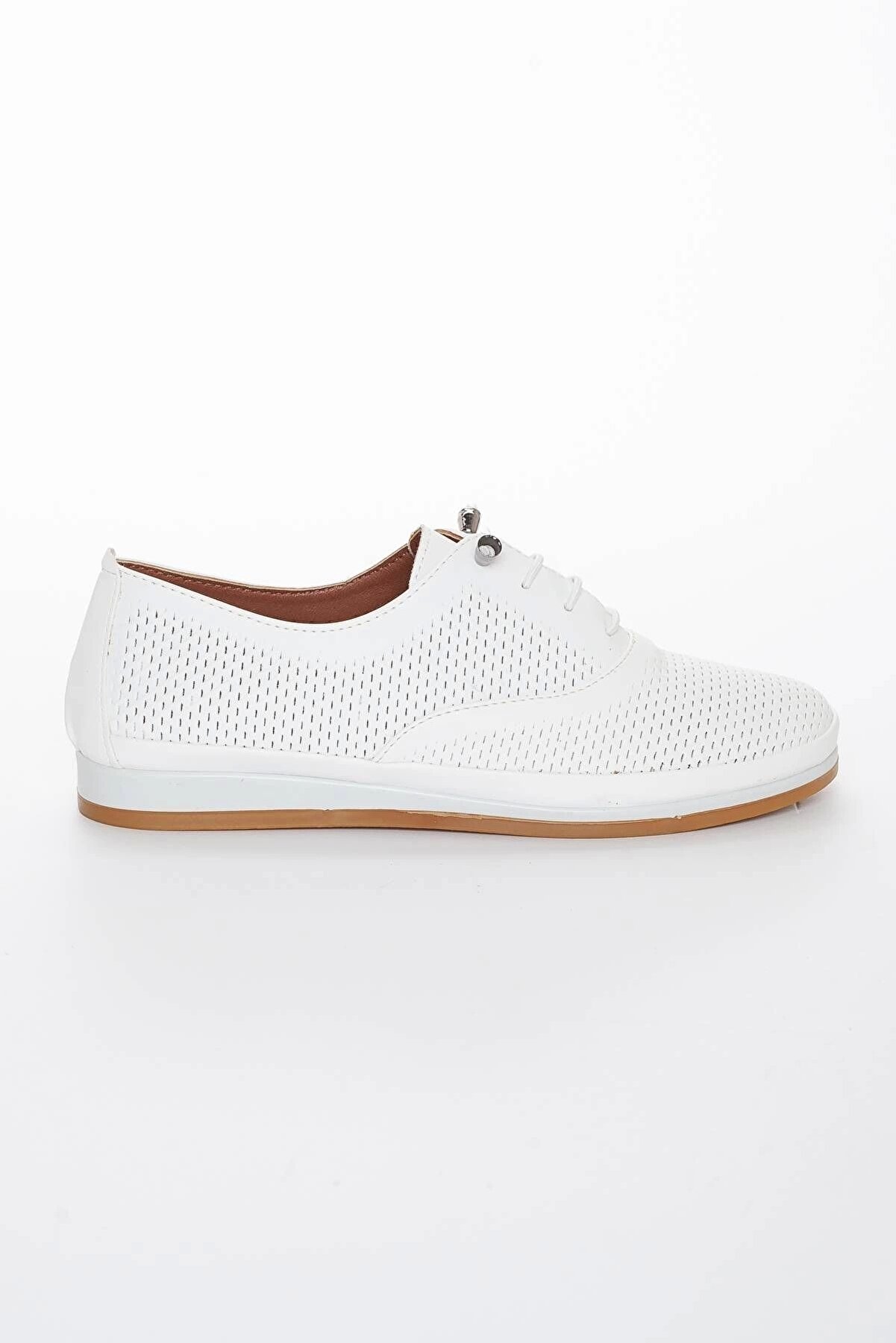 Gult Haki̇ki̇ Deri̇ Kadın Günlük Ayakkabı Beyaz Bağcıklı Lazer Işlemeli̇