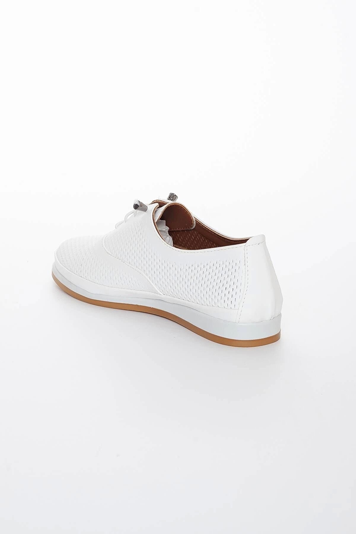 Gult Haki̇ki̇ Deri̇ Kadın Günlük Ayakkabı Beyaz Bağcıklı Lazer Işlemeli̇