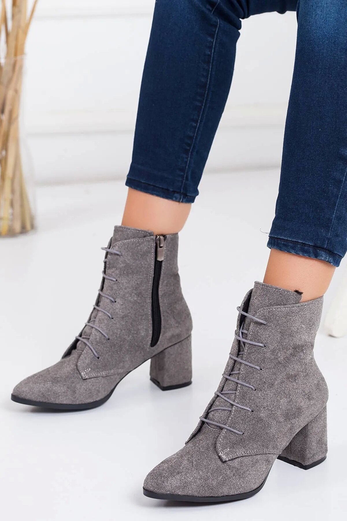 Gult Gri̇ Süet Bot, Kadın Bağcıklı Bot & Booti̇e
