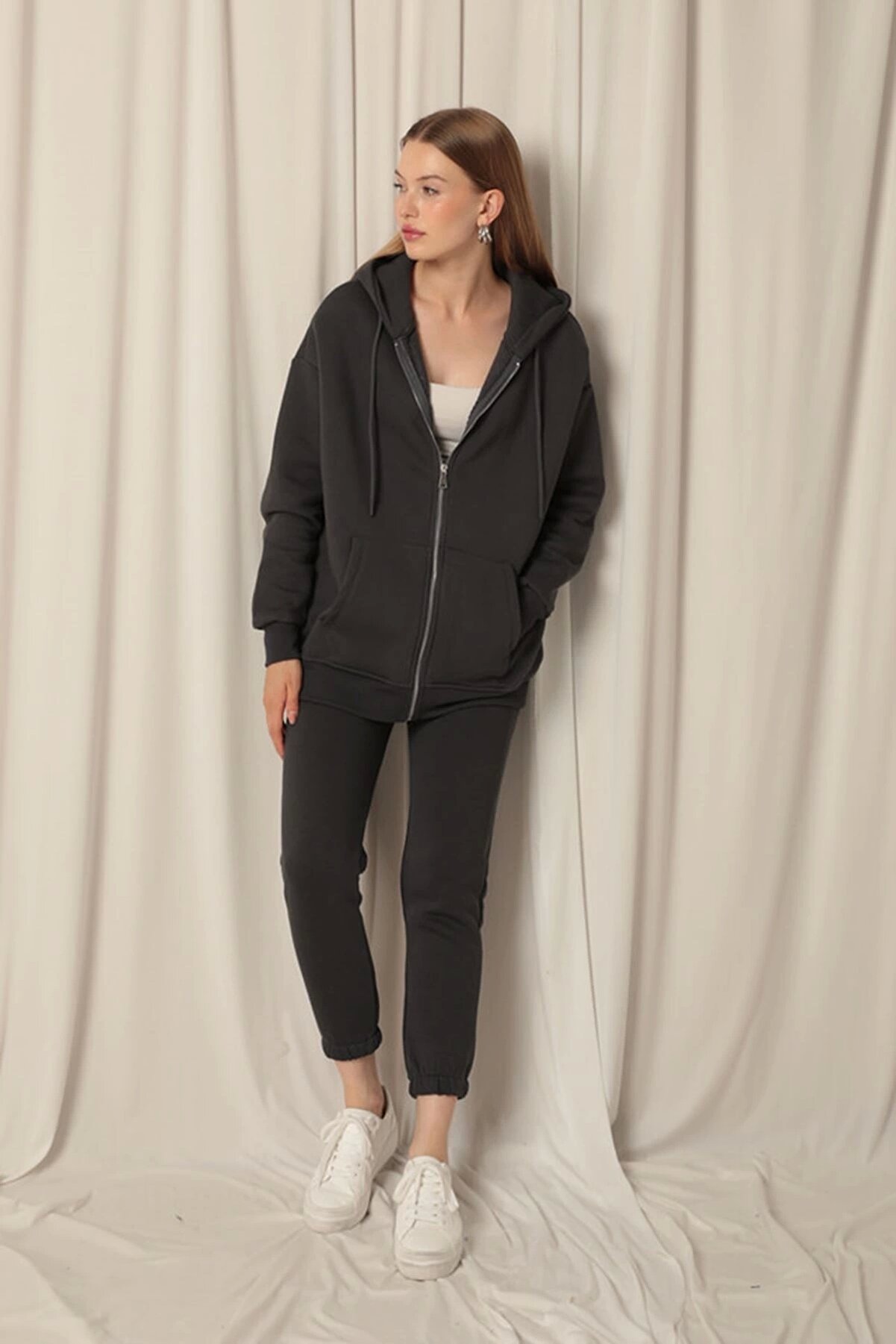 Znd Fashi̇on &Uuml;&ccedil; İpli̇k Kanguru Cep Kadın Fermuarlı Kap&uuml;şonlu Sweat-Antrasi̇t