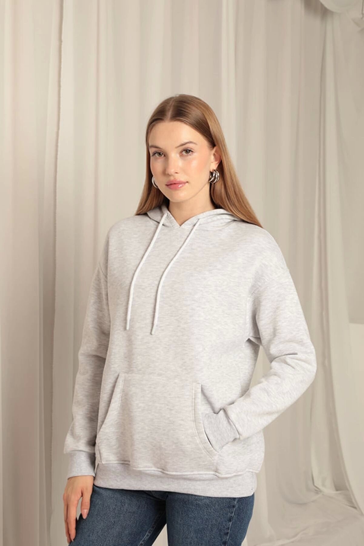 Edi̇kli̇ Store &Uuml;&ccedil; İpli̇k Kanguru Cep Kap&uuml;şonlu Kadın Sweat-A&ccedil;ık Gri̇