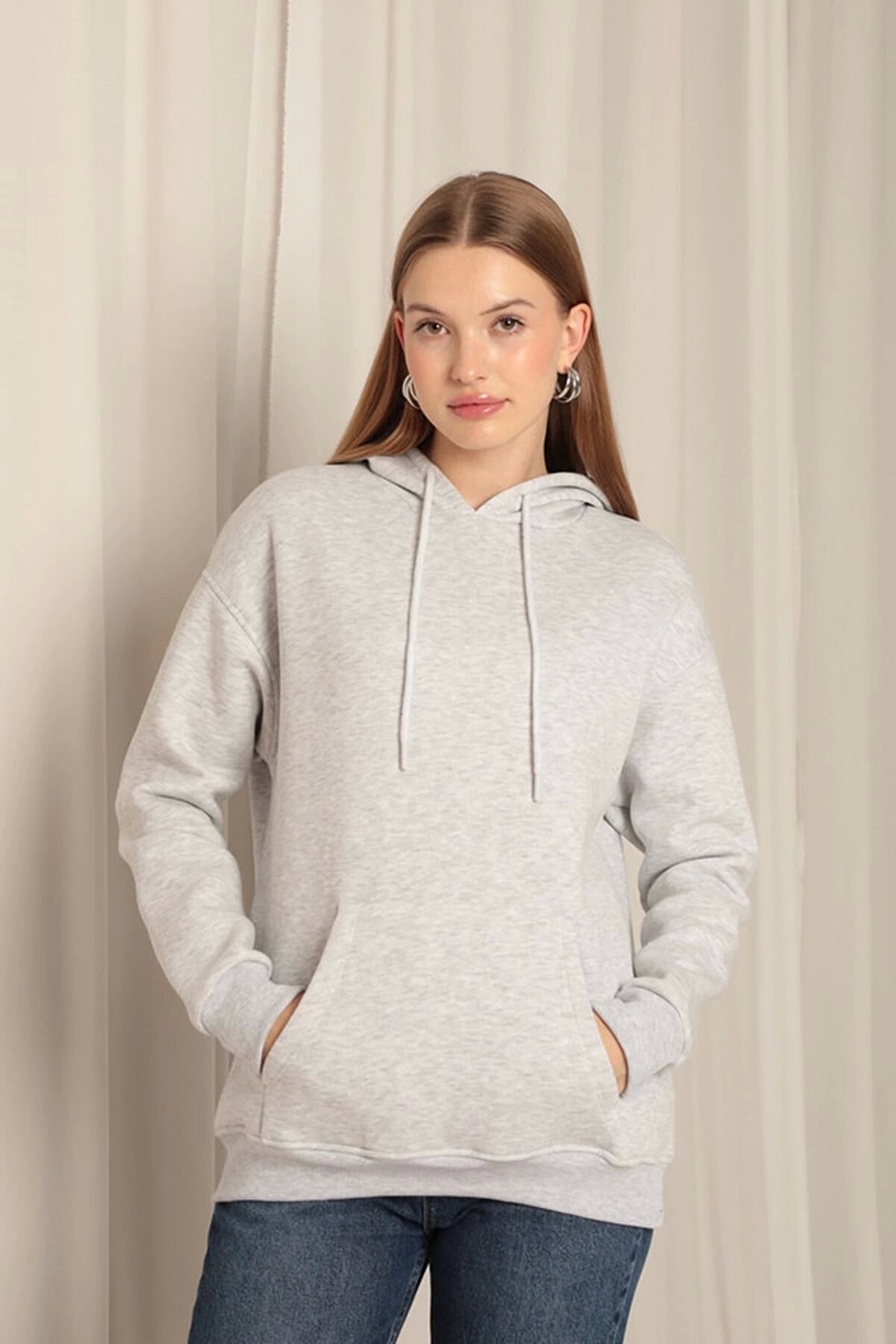 Edi̇kli̇ Store &Uuml;&ccedil; İpli̇k Kanguru Cep Kap&uuml;şonlu Kadın Sweat-A&ccedil;ık Gri̇