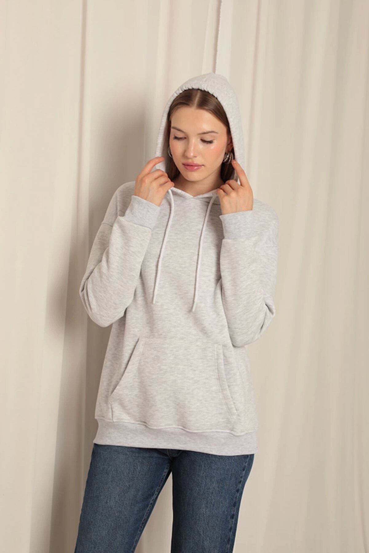 Edi̇kli̇ Store &Uuml;&ccedil; İpli̇k Kanguru Cep Kap&uuml;şonlu Kadın Sweat-A&ccedil;ık Gri̇