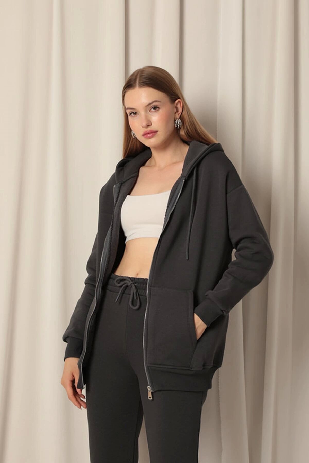 Znd Fashi̇on &Uuml;&ccedil; İpli̇k Kanguru Cep Kadın Fermuarlı Kap&uuml;şonlu Sweat-Antrasi̇t