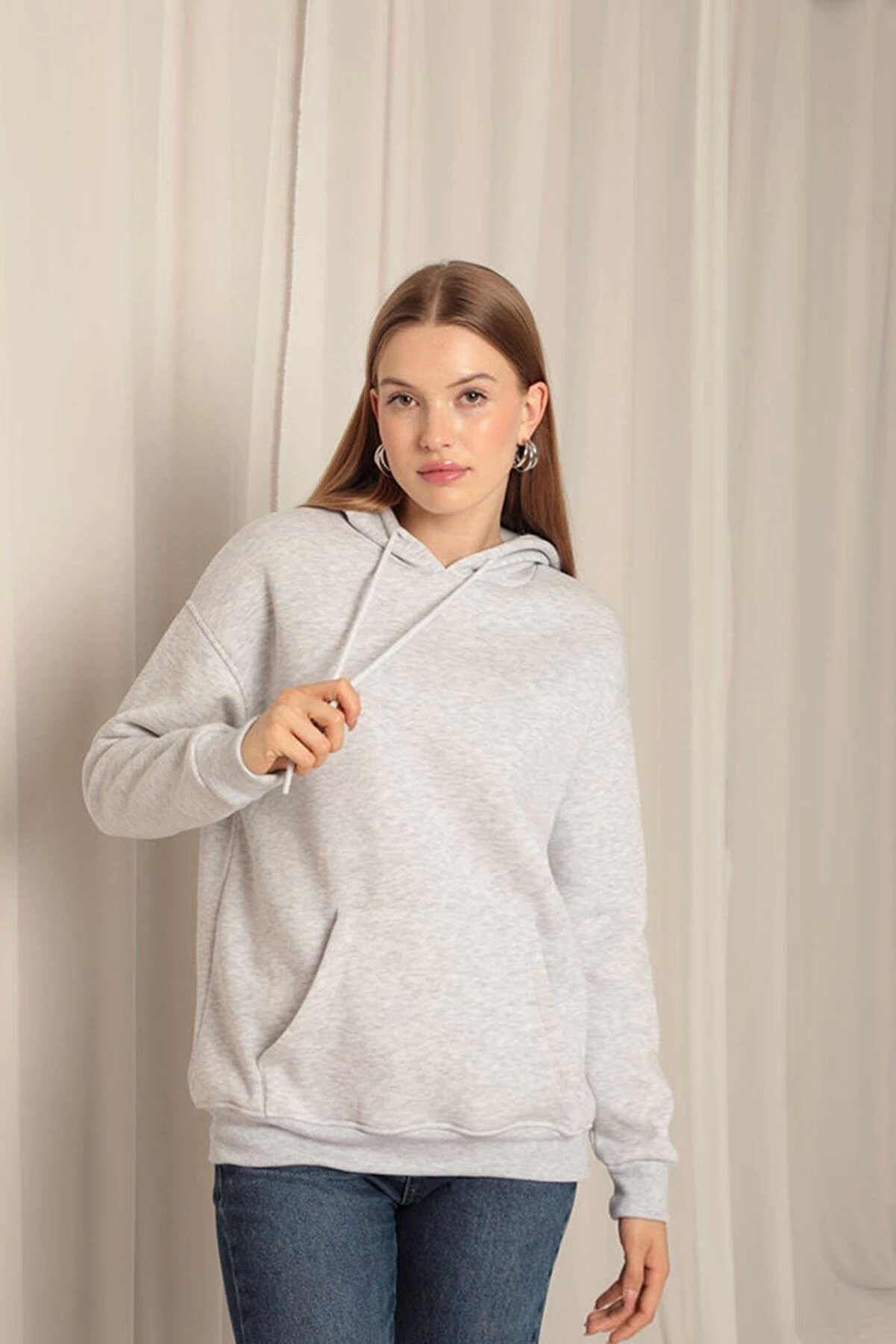 Edi̇kli̇ Store &Uuml;&ccedil; İpli̇k Kanguru Cep Kap&uuml;şonlu Kadın Sweat-A&ccedil;ık Gri̇