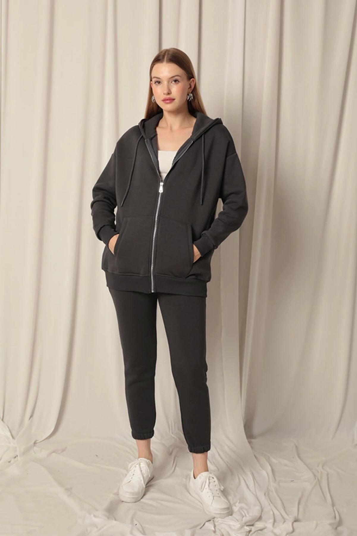 Znd Fashi̇on &Uuml;&ccedil; İpli̇k Kanguru Cep Kadın Fermuarlı Kap&uuml;şonlu Sweat-Antrasi̇t