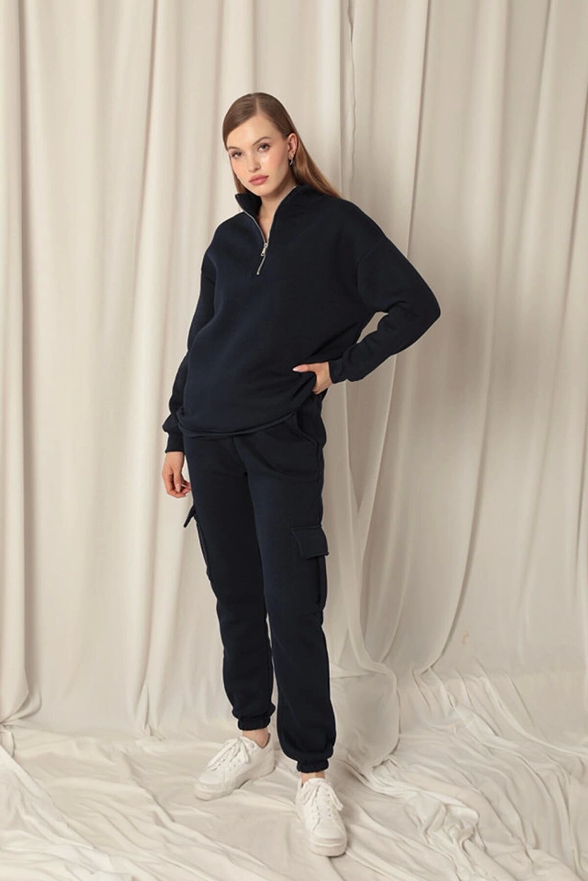 Tufeyo &Uuml;&ccedil; İpli̇k Di̇k Yaka Yarım Fermuarlı Kadın Laci̇vert Sweat