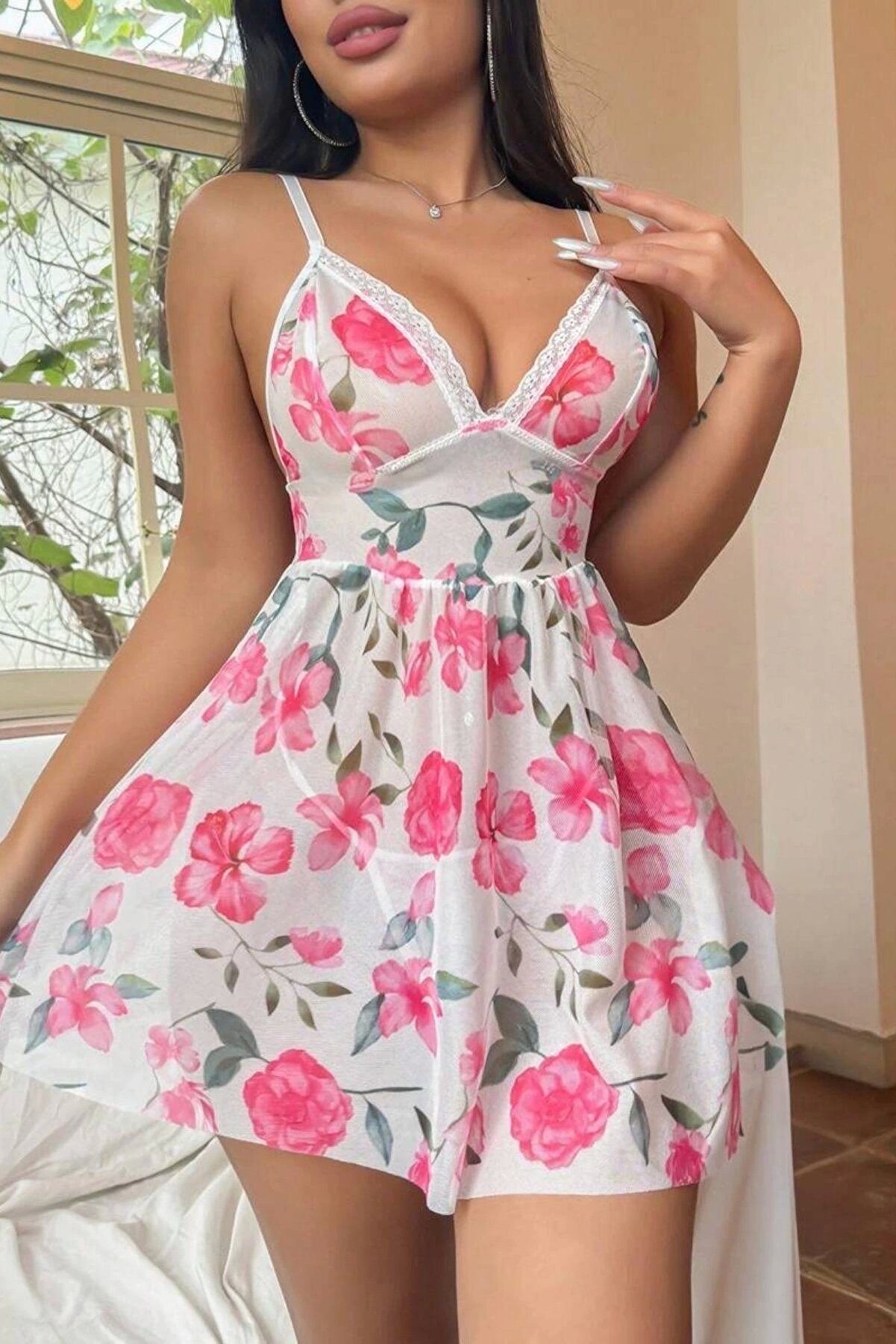 Yeni̇ Nesi̇l Toptancı - Ynt Ynt Pembe &Ccedil;i̇&ccedil;ek Desenli̇ Dantel Detaylı Geceli̇k 15706