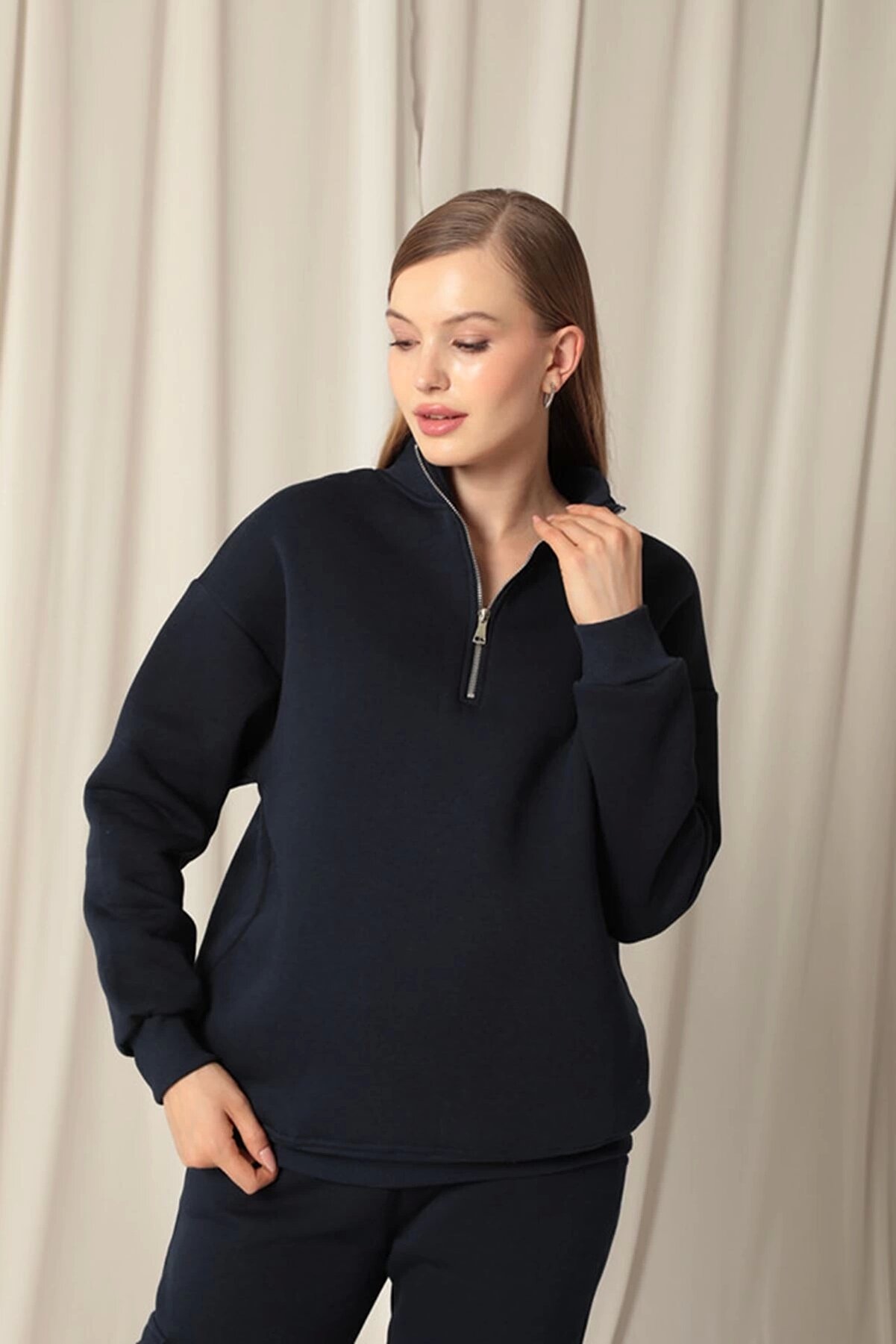 Tufeyo &Uuml;&ccedil; İpli̇k Di̇k Yaka Yarım Fermuarlı Kadın Laci̇vert Sweat