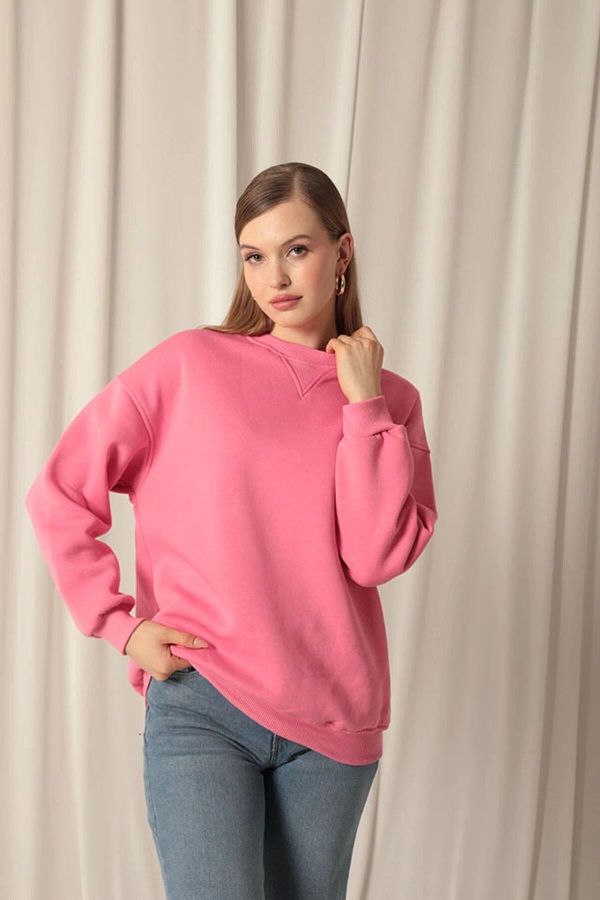 Lukas &Uuml;&ccedil; İpli̇k Karyokalı Sıfır Yaka Kadın Pembe Sweat