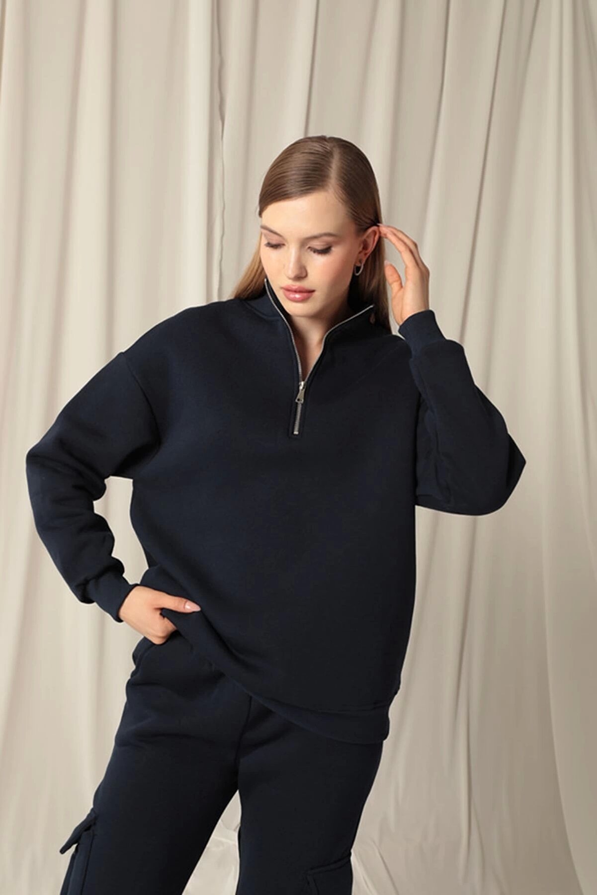 Tufeyo &Uuml;&ccedil; İpli̇k Di̇k Yaka Yarım Fermuarlı Kadın Laci̇vert Sweat