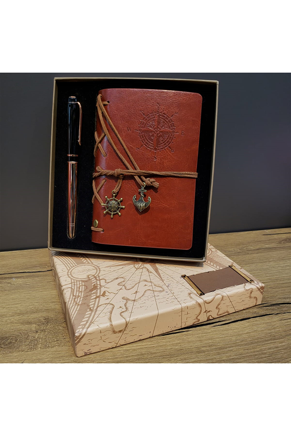 evimdeyokyok Deri Pusula Tasarımlı Defter Ve Metal Kalem Seti