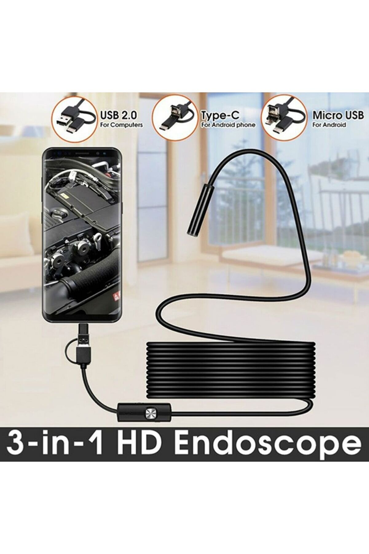 evimdeyokyok Endoskop 3 In 1 Yılan Kamera Usb Micro Usb Type-c 2m Sert Kablo Tdrtr