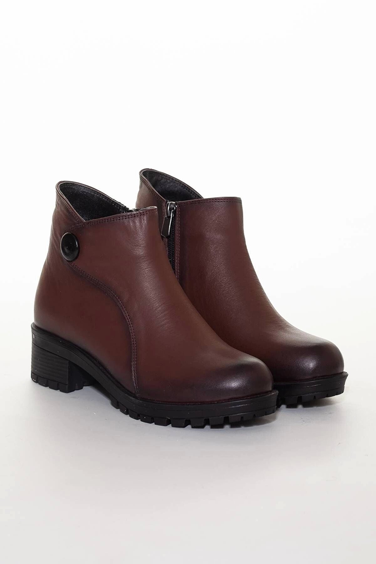 Gult Kadın Haki̇ki̇ Deri̇ Fermuarlı Bot, Düğme Detaylı Taba Deri̇ Bot