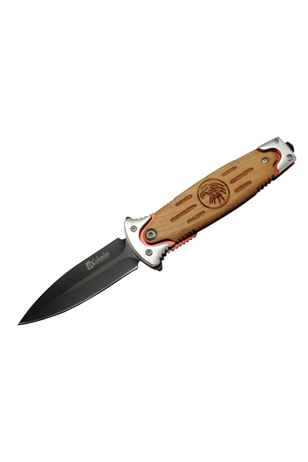 evimdeyokyok FS 11032 Kahverengi Kurtarma / Kamp Çakısı 20cm - Kartal İşlemeli Ahşap Sap, Kemerlikli, Cam Kırma A