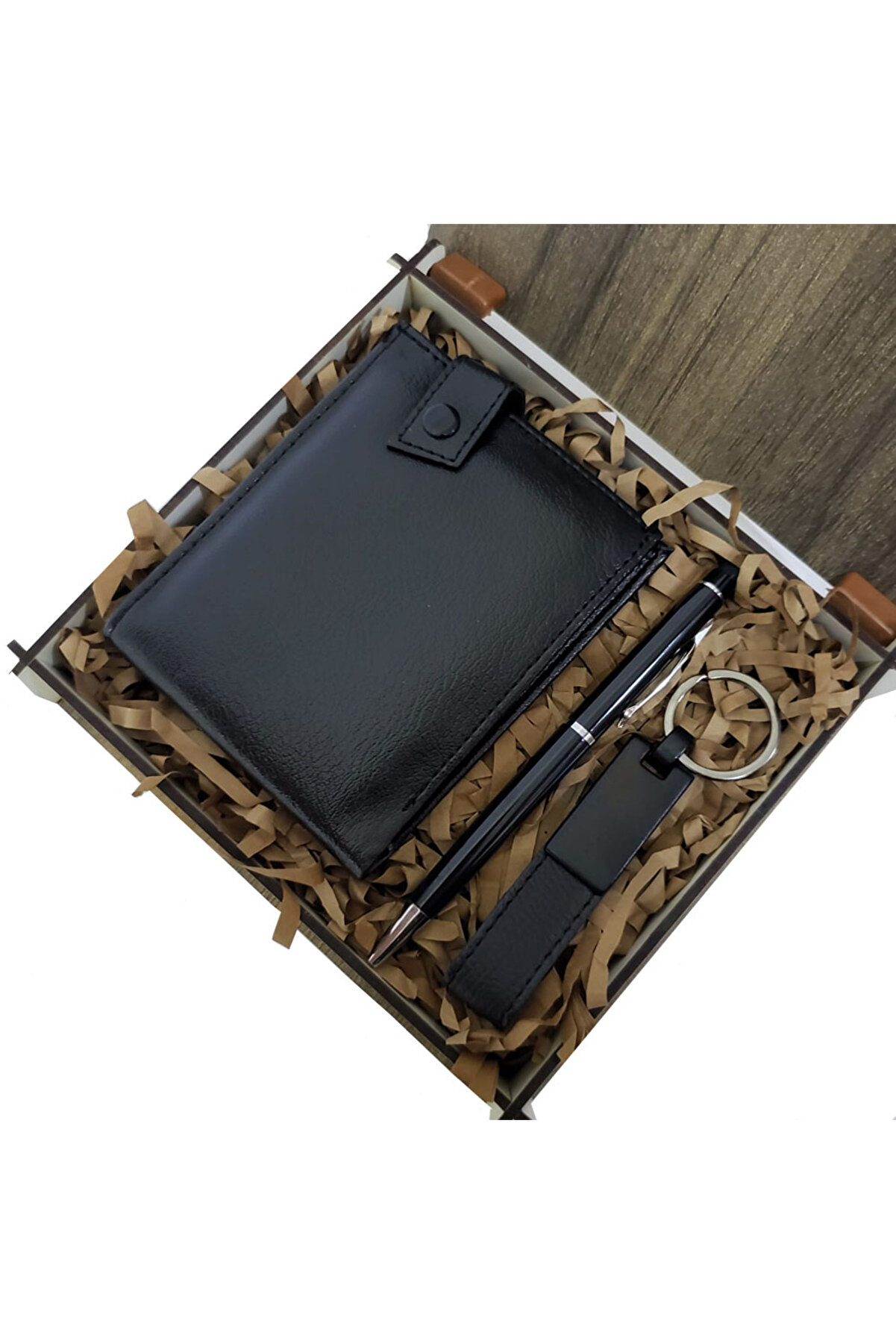 Ahşap Kutulu Erkeğe 3 Lü Kalem Cüzdan Anahtar Hedi̇ye Seti̇ Tdrtr