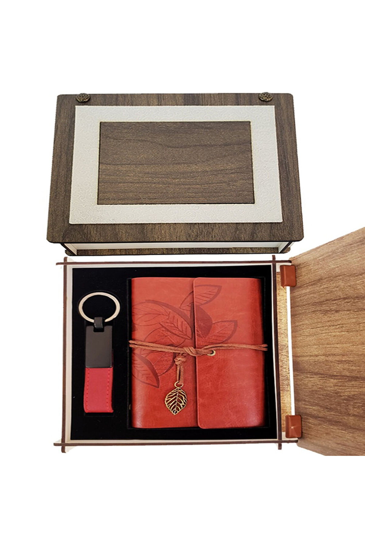 evimdeyokyok Özel Ahşap Kutulu Kahve Deri Defter ve Anahtarlık Set