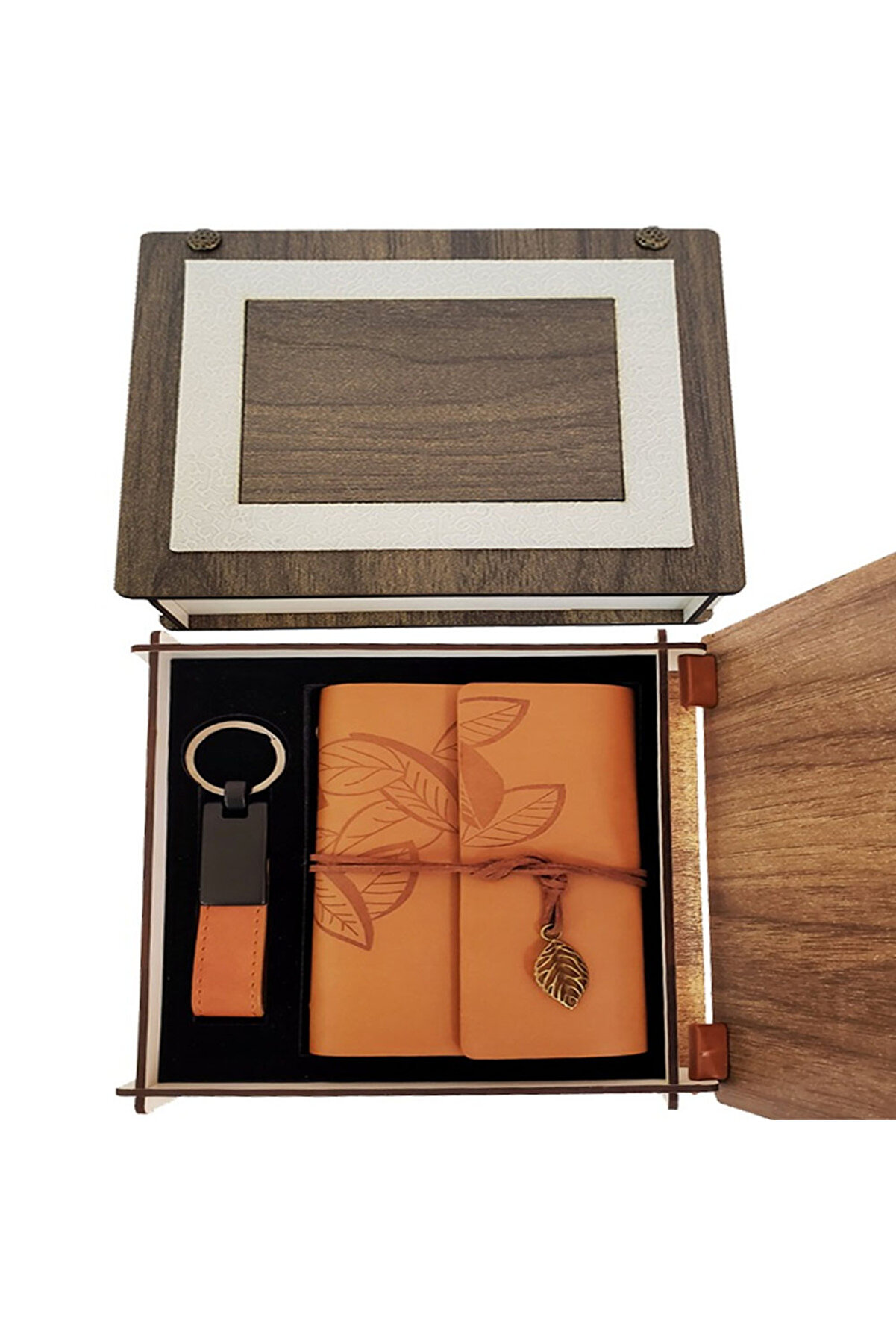 evimdeyokyok Özel Ahşap Kutulu Taba Deri Defter ve Anahtarlık Set