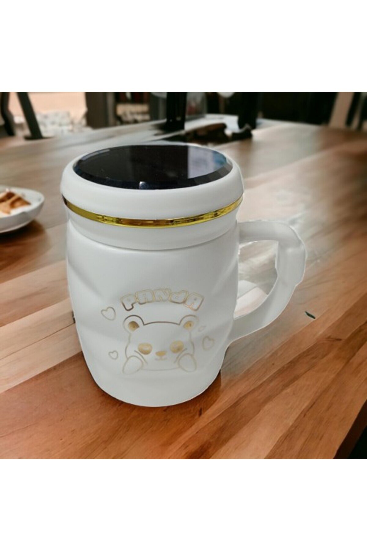 Ayna Kapaklı Panda Desenli̇ Porselen Kupa Bardak Beyaz Kupa Bardak