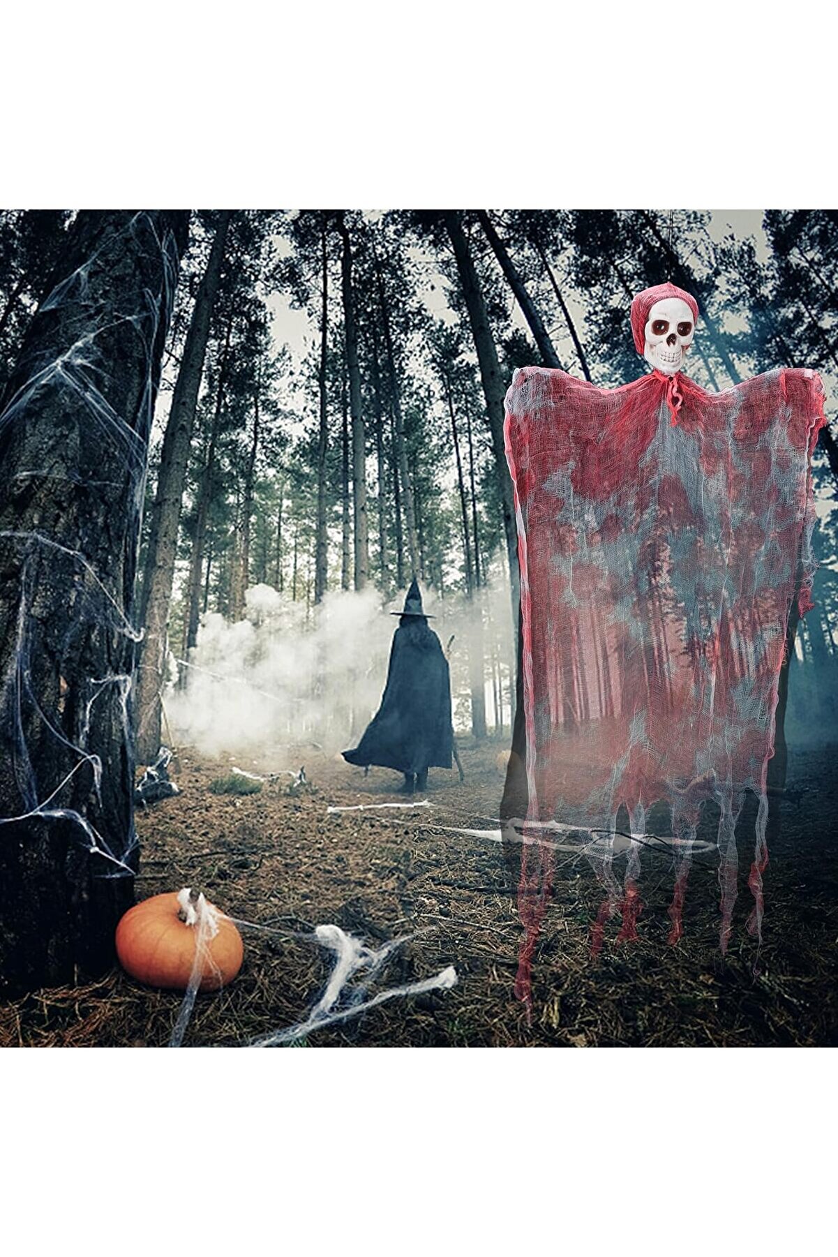 Go İthalat Led Işıklı Kahkaha Atan Sesli̇ Sens&ouml;rl&uuml; &Uuml;rperti̇ci̇ Kuru Kafa Kanlı Korku Sa&ccedil;aklı Dekor 90X50 Cm