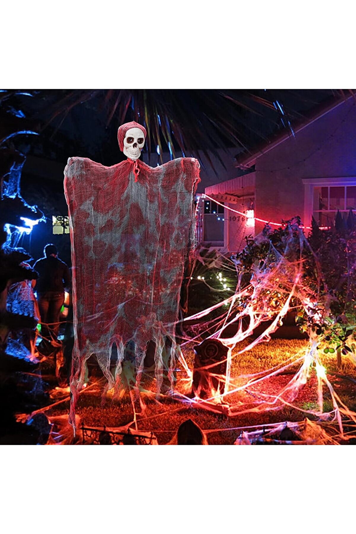 Go İthalat Led Işıklı Kahkaha Atan Sesli̇ Sens&ouml;rl&uuml; &Uuml;rperti̇ci̇ Kuru Kafa Kanlı Korku Sa&ccedil;aklı Dekor 90X50 Cm