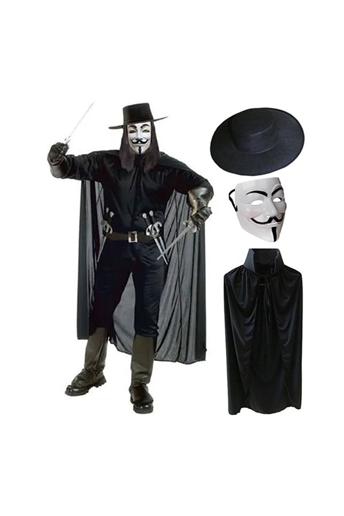 evimdeyokyok V For Vendetta Maskesi Şapkası Ve Pelerin Kostüm Seti Yetişkin Boy Tdrtr
