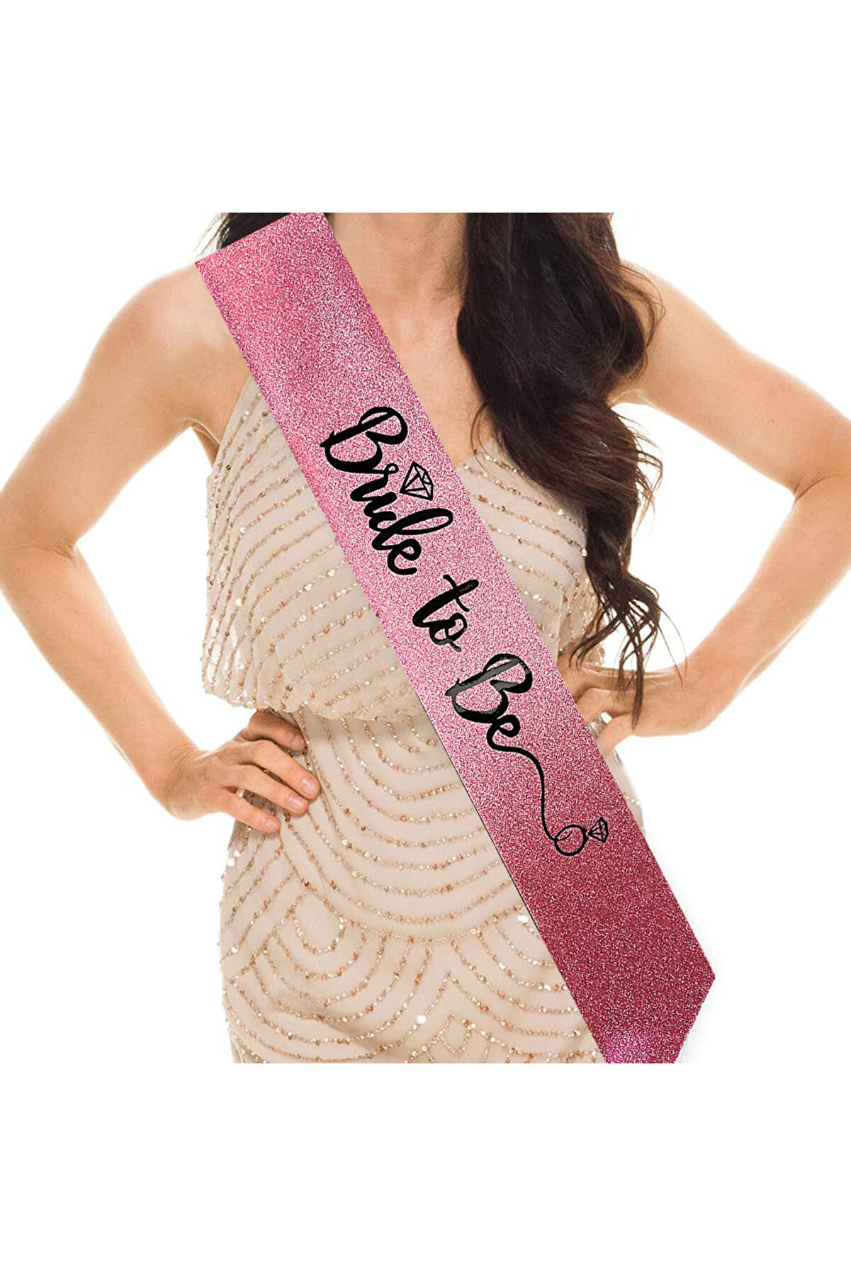 Go İthalat Pembe &Uuml;zeri̇ Si̇yah İtali̇k Alyanslı Bri̇de To Be Yazılı Si̇mli̇ Işıltılı Kuşak Kemer 10 Cm Geni̇şli̇k