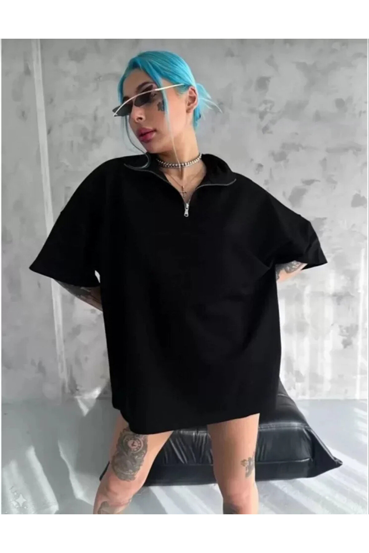 ERGÜNER Melenza Unisex Yarım Fermuarlı Düz Oversize T-Shirt - Siyah