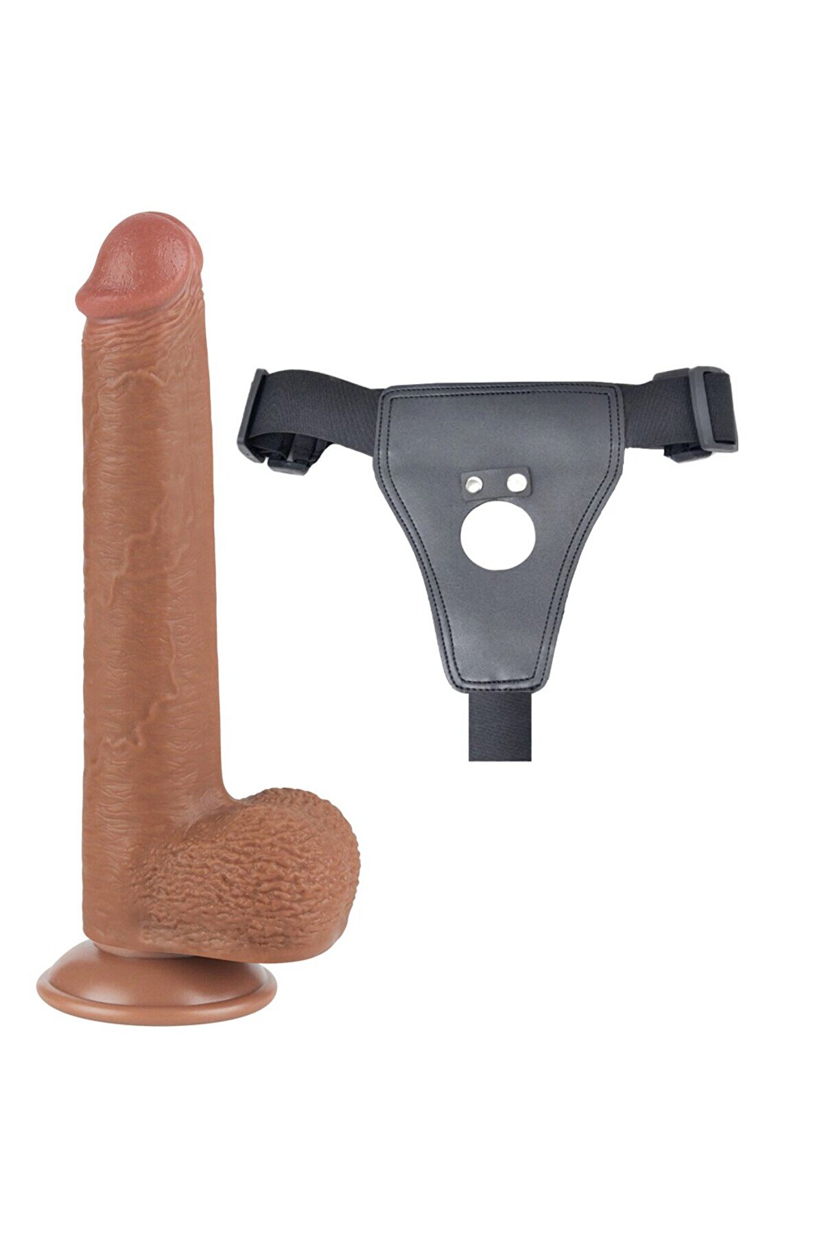 Meyrabest Belden Bağlamalı 23Cm Kayan Deri̇ &Ccedil;i̇ft Katmanlı Dong Brown Strap On Di̇ldo