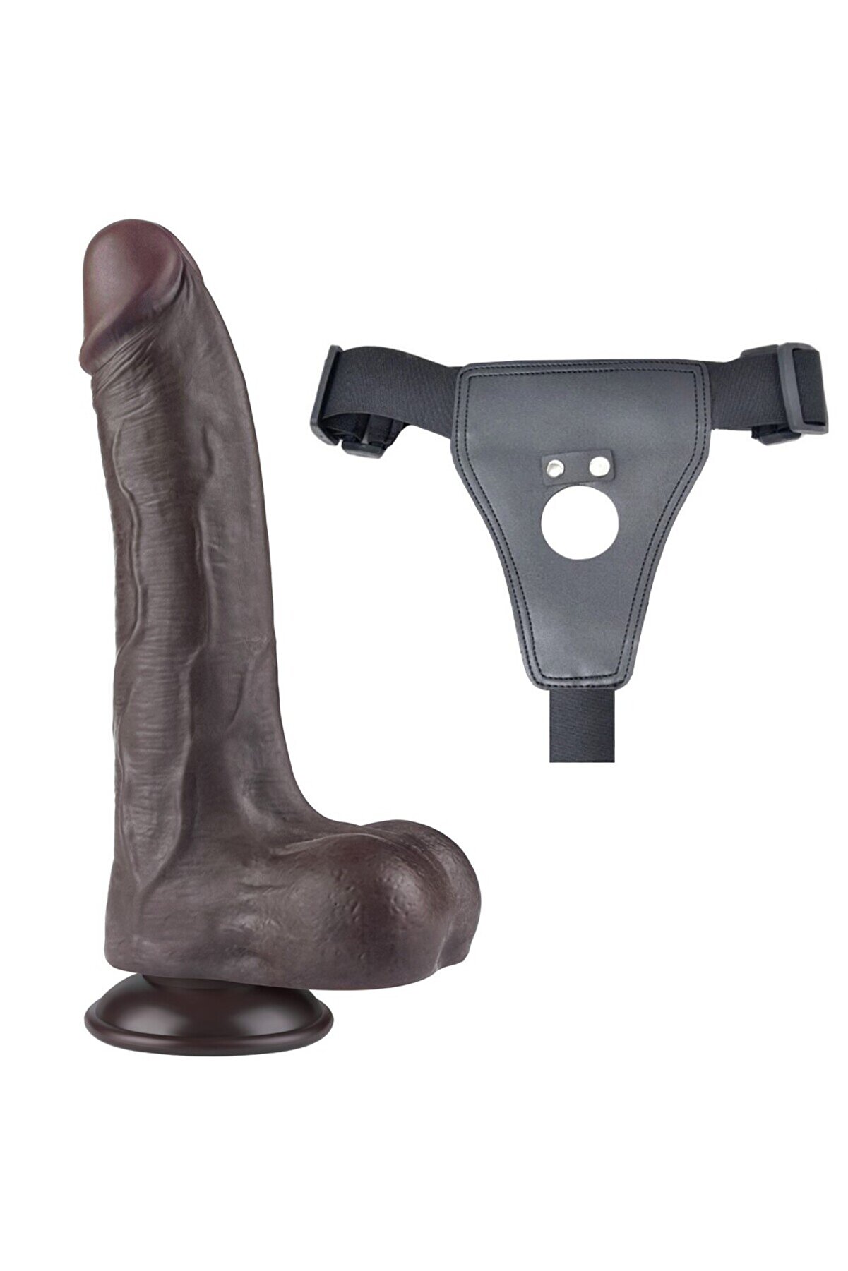 Meyrabest Belden Bağlamalı 22Cm Kayar Deri̇ &Ccedil;i̇ft Katmanlı Dong Si̇yah Strap On Di̇ldo