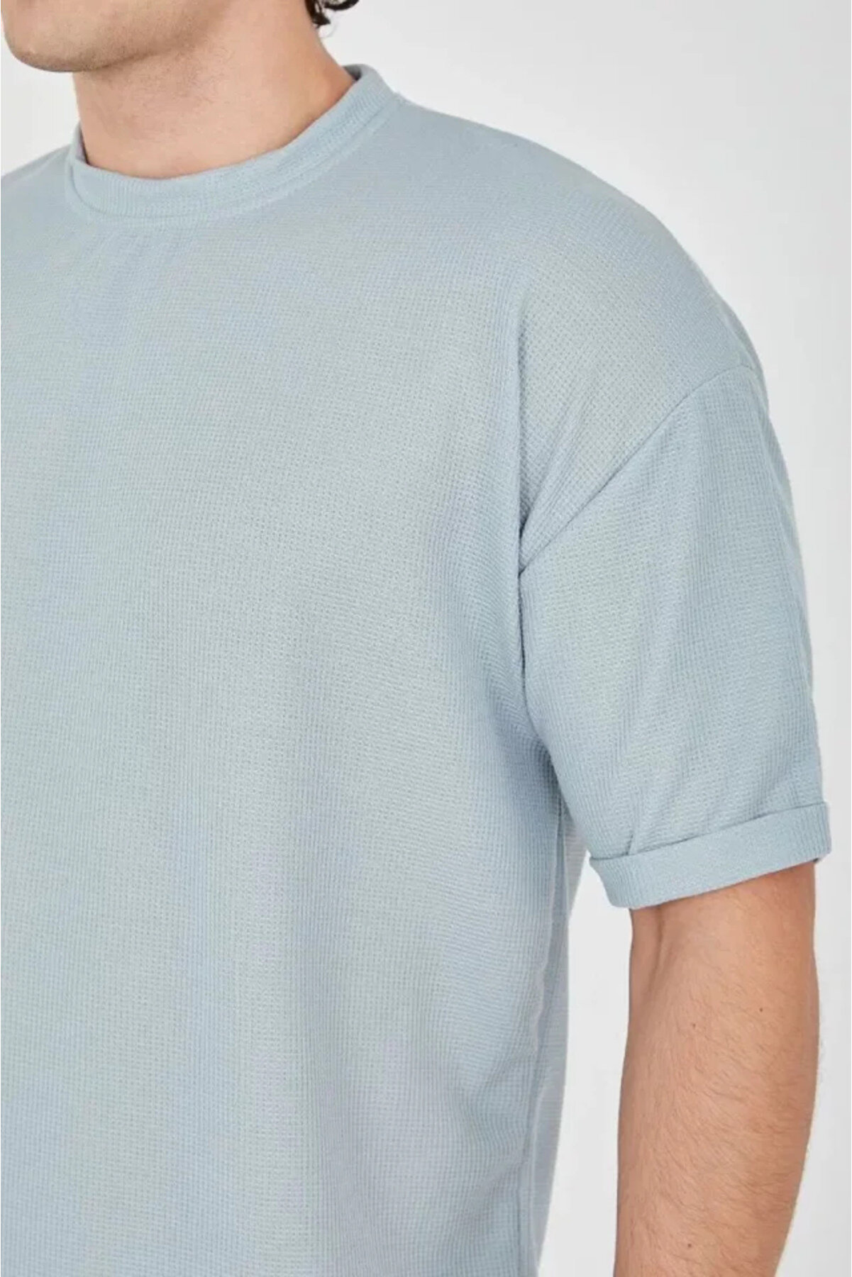 Uni̇sex Waffle Kumaş Rahat Kol T-Shi̇rt - Buz Mavi̇si̇
