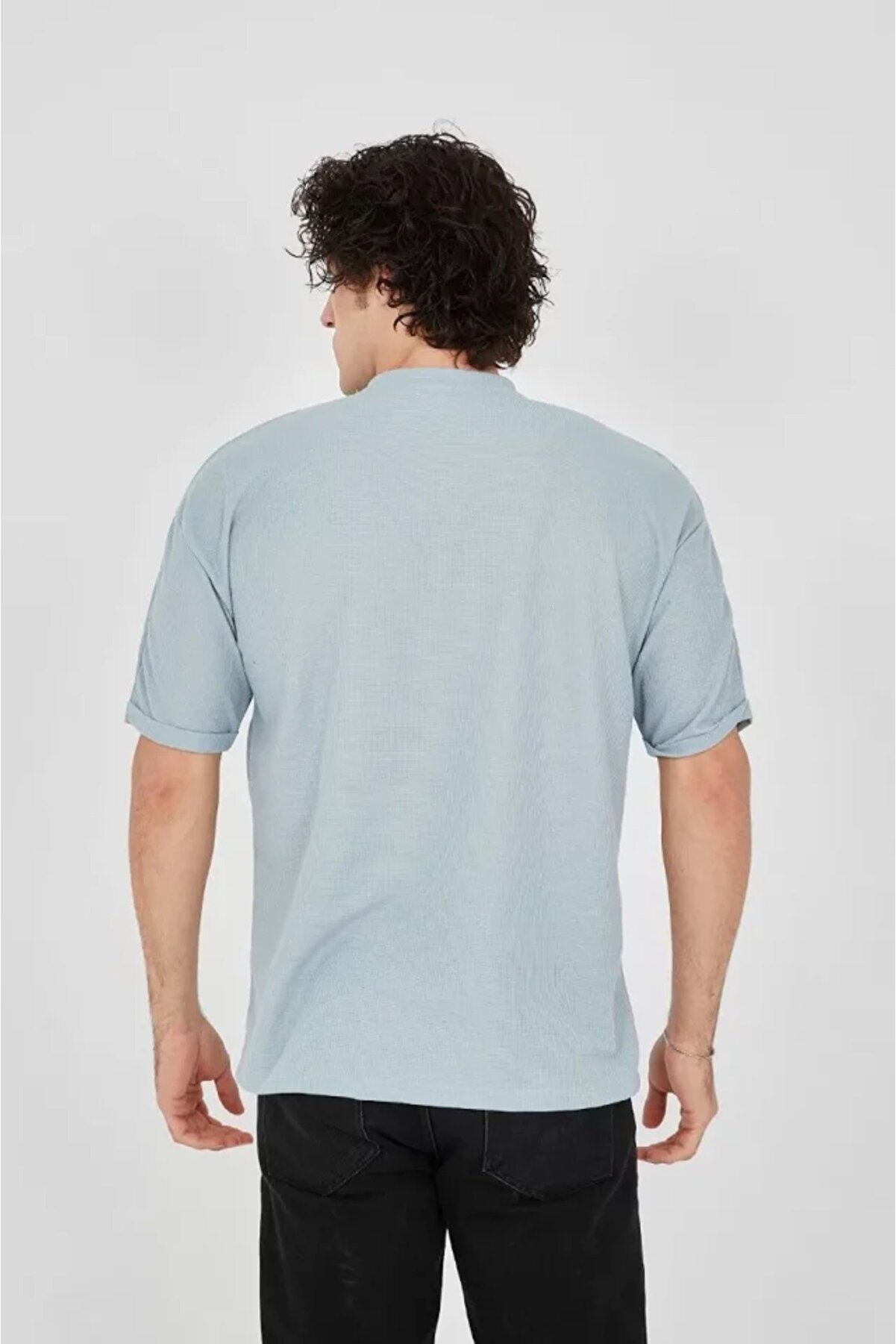 Uni̇sex Waffle Kumaş Rahat Kol T-Shi̇rt - Buz Mavi̇si̇
