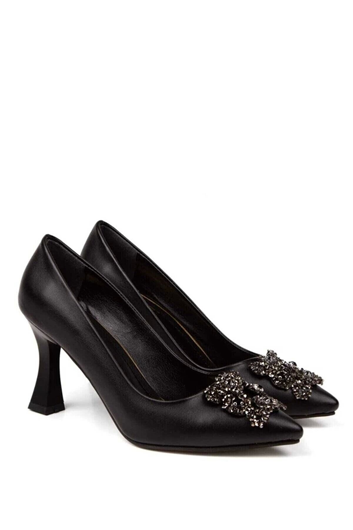 Gult Sti̇letto Taş Detaylı 8 Cm Si̇yah Mat Deri̇