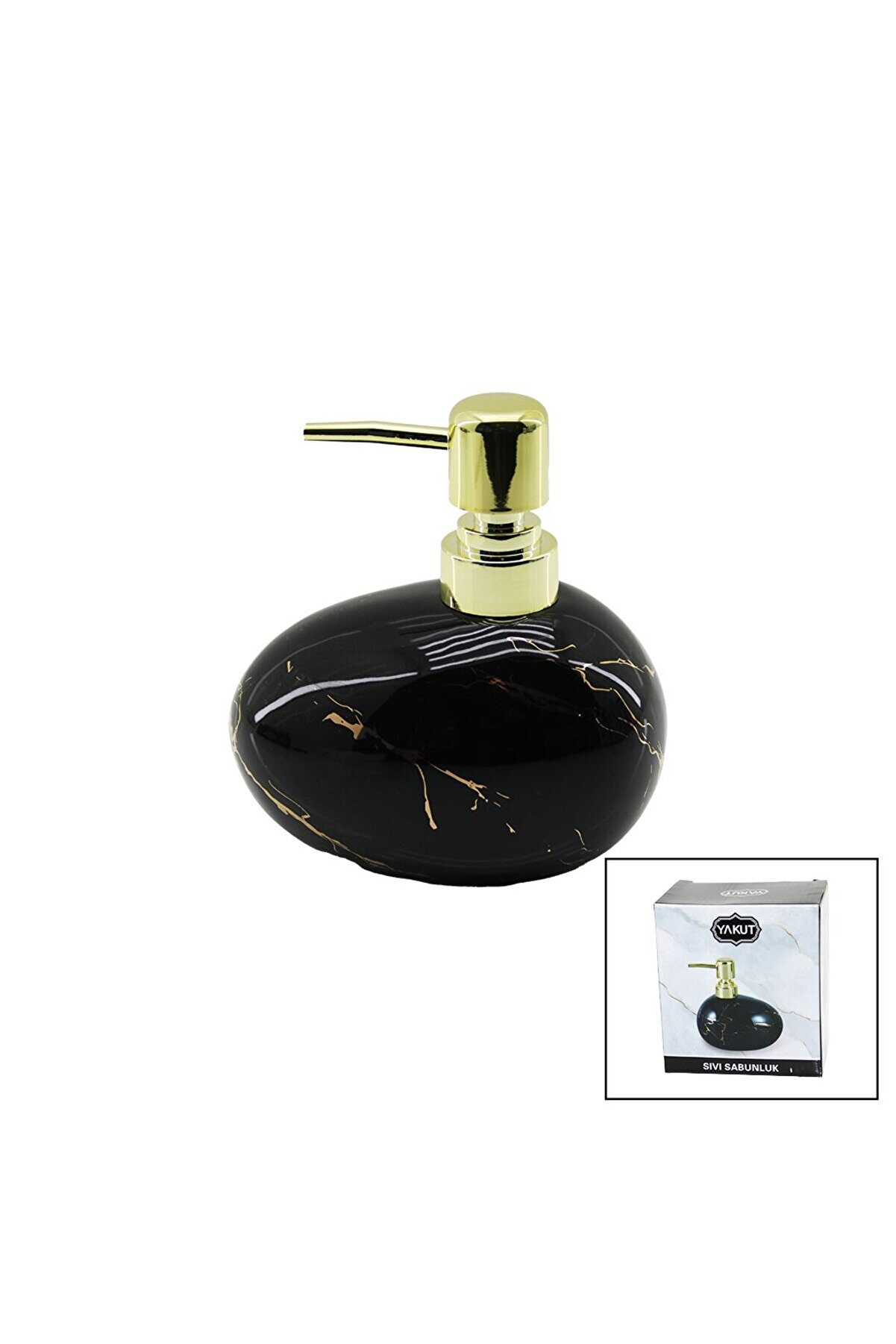 Go İthalat Yatay Tombul Si̇yah Mermer Desen Serami̇k Sıvı Sabunluk Gold Kapak (4457)