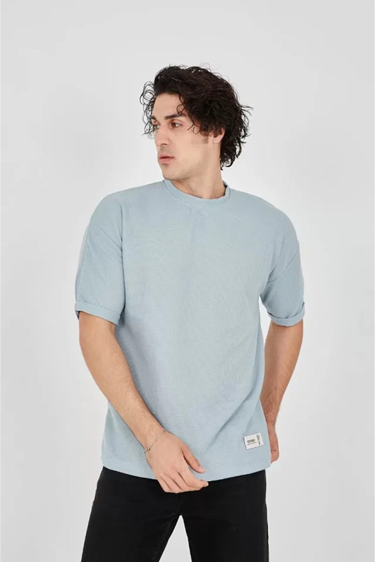 Uni̇sex Waffle Kumaş Rahat Kol T-Shi̇rt - Buz Mavi̇si̇