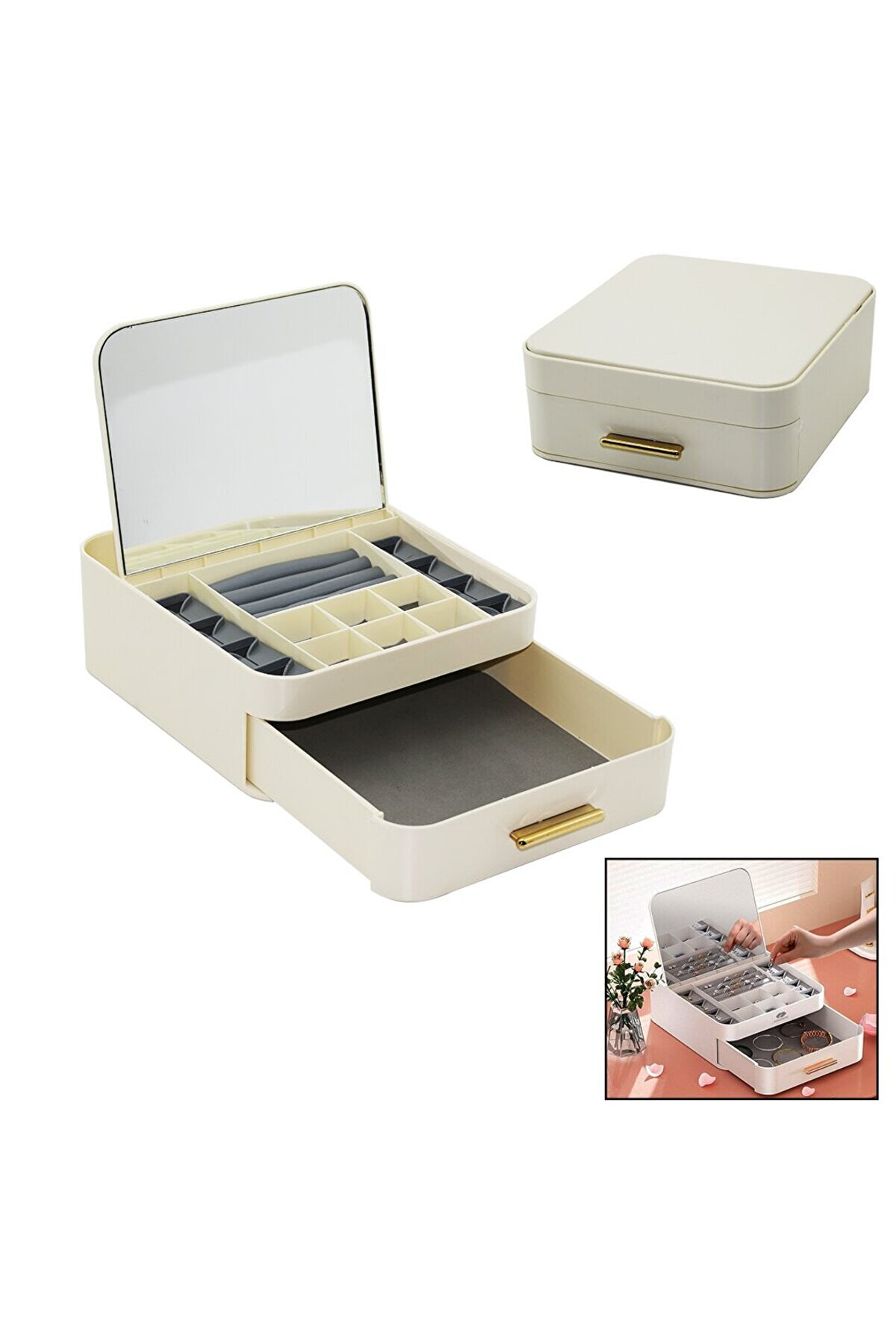 Go İthalat &Ccedil;ek-Bırak=A&ccedil;-Kapa20X22 - Y8.5Cmaynalı Takı Organi̇zer &Ccedil;ekmece+1 Kat-10 B&ouml;lme