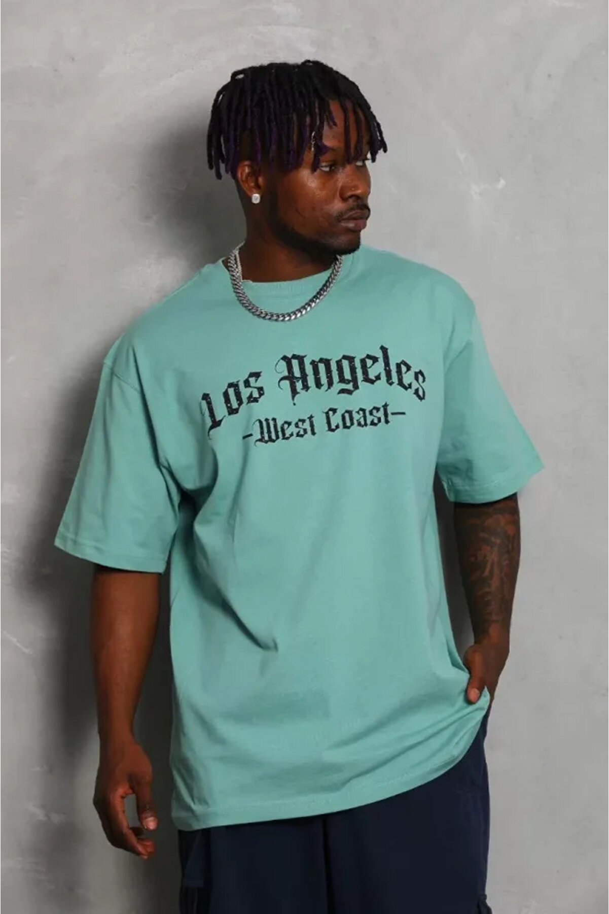 Uni̇sex Oversi̇ze Baskılı Bi̇si̇klet Yaka T-Shi̇rt - Mi̇nt Yeşi̇li̇